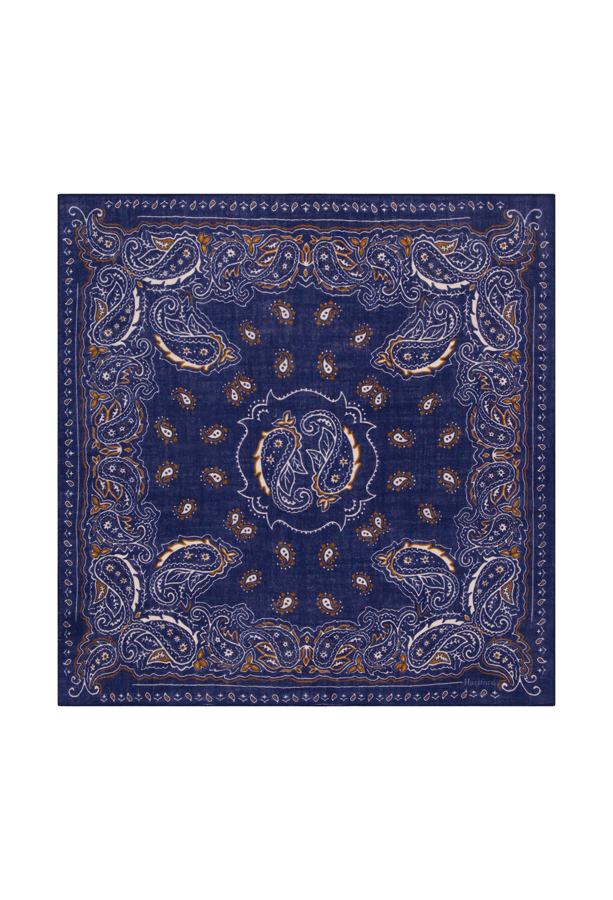 A square navy blue bandana featuring an intricate paisley pattern in white and gold, displayed flat against a solid white background.