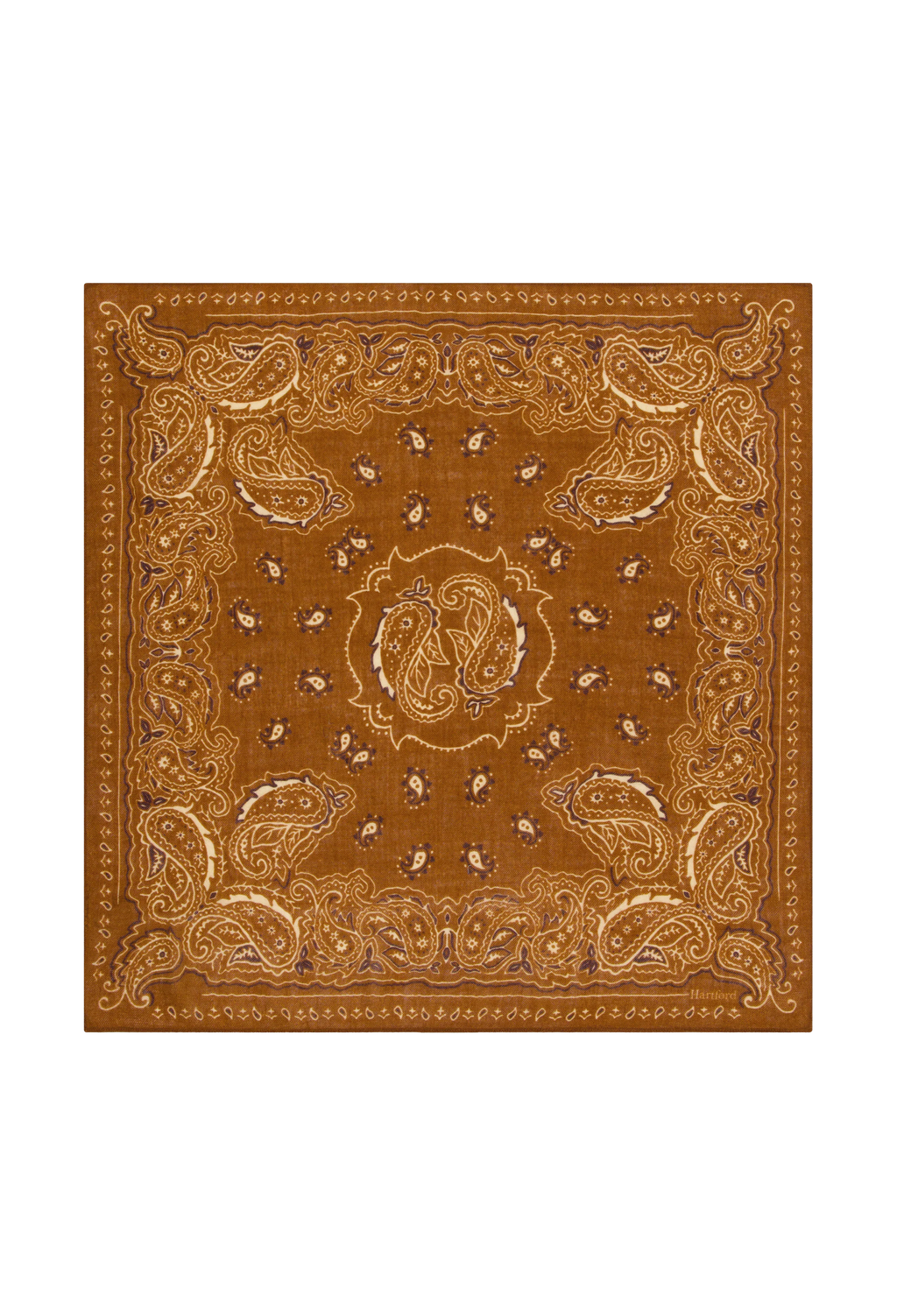 A square bandana featuring an intricate paisley pattern in shades of brown, tan, and beige, presented flat against a solid white background.