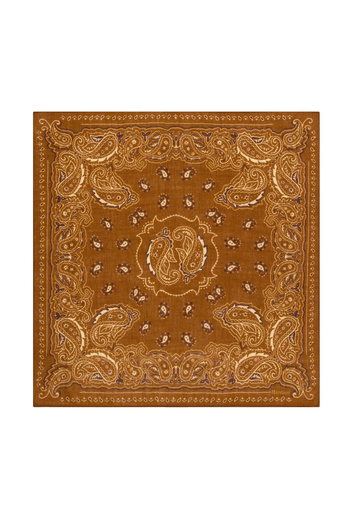 A square bandana featuring an intricate paisley pattern in shades of brown, tan, and beige, presented flat against a solid white background.
