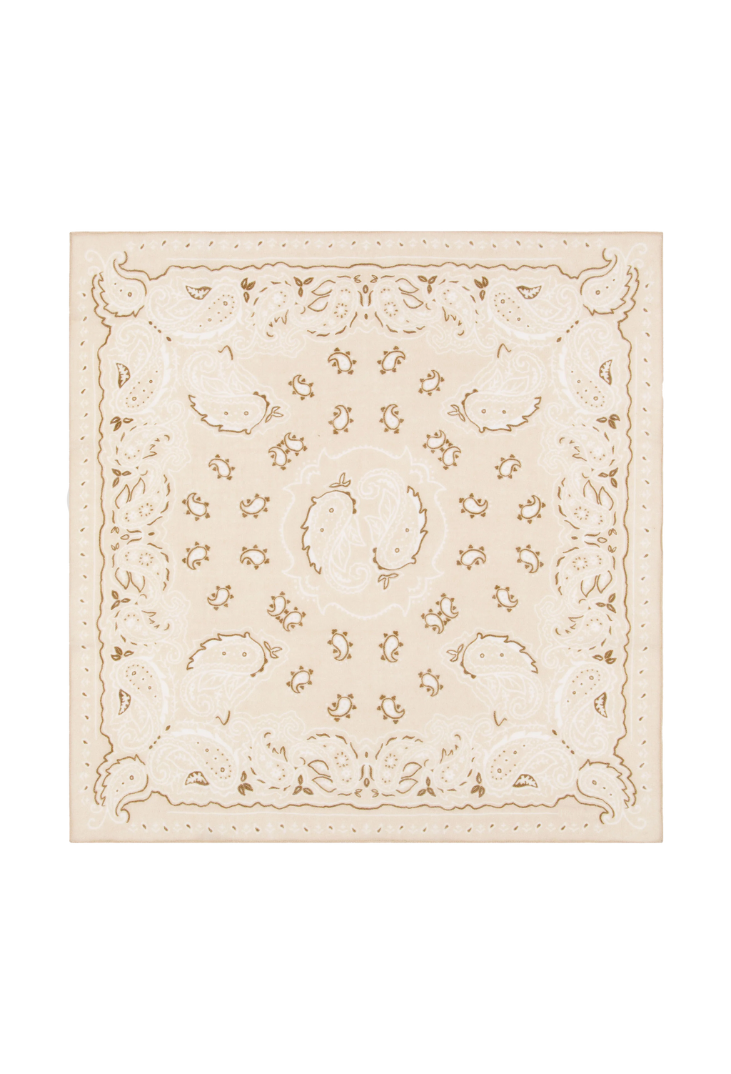 A square bandana in cream and beige with an intricate paisley pattern, shown flat against a solid white background.