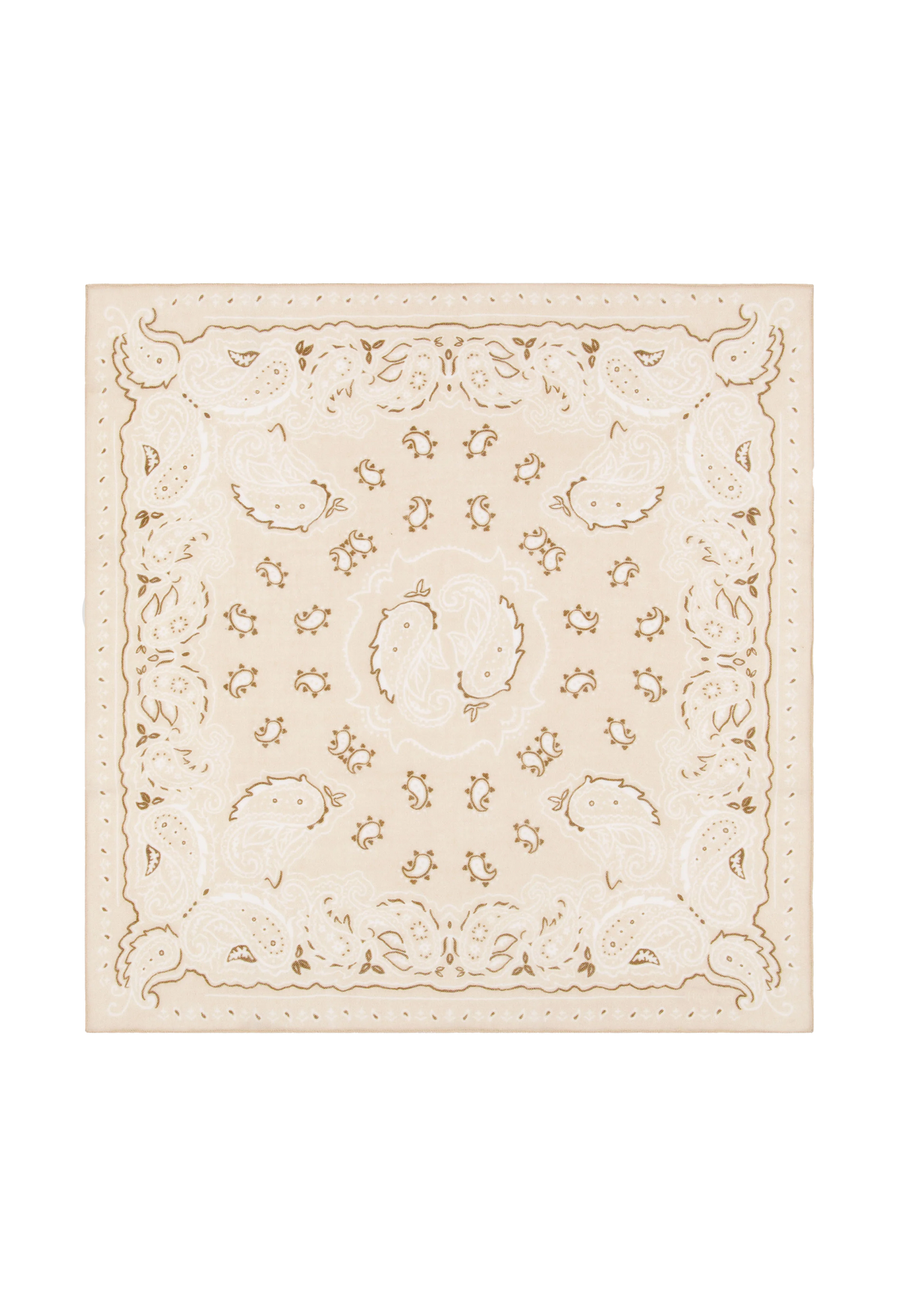 A square bandana in cream and beige with an intricate paisley pattern, shown flat against a solid white background.