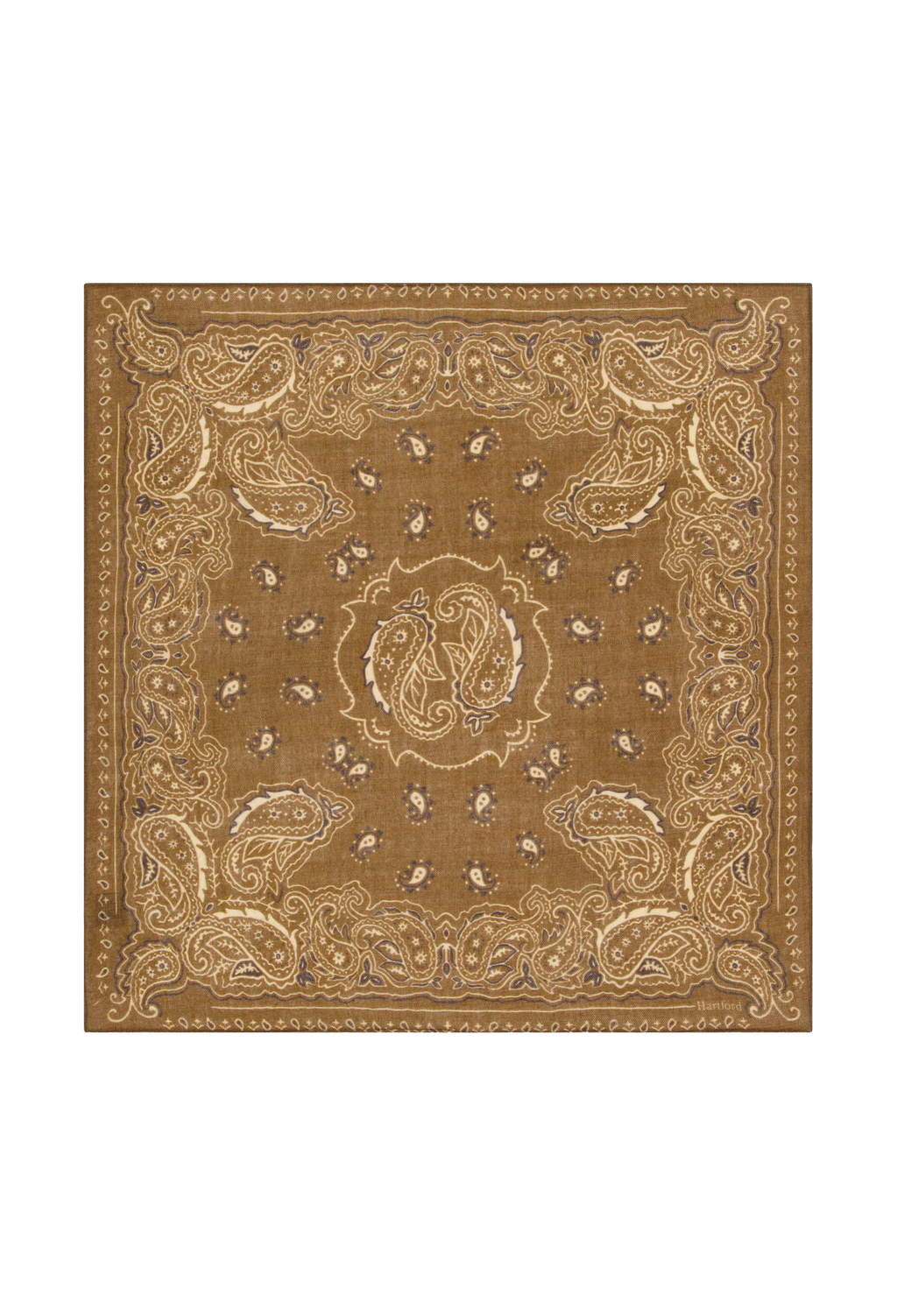 A square bandana featuring an intricate paisley pattern in shades of brown, tan, and beige, displayed flat against a solid white background.