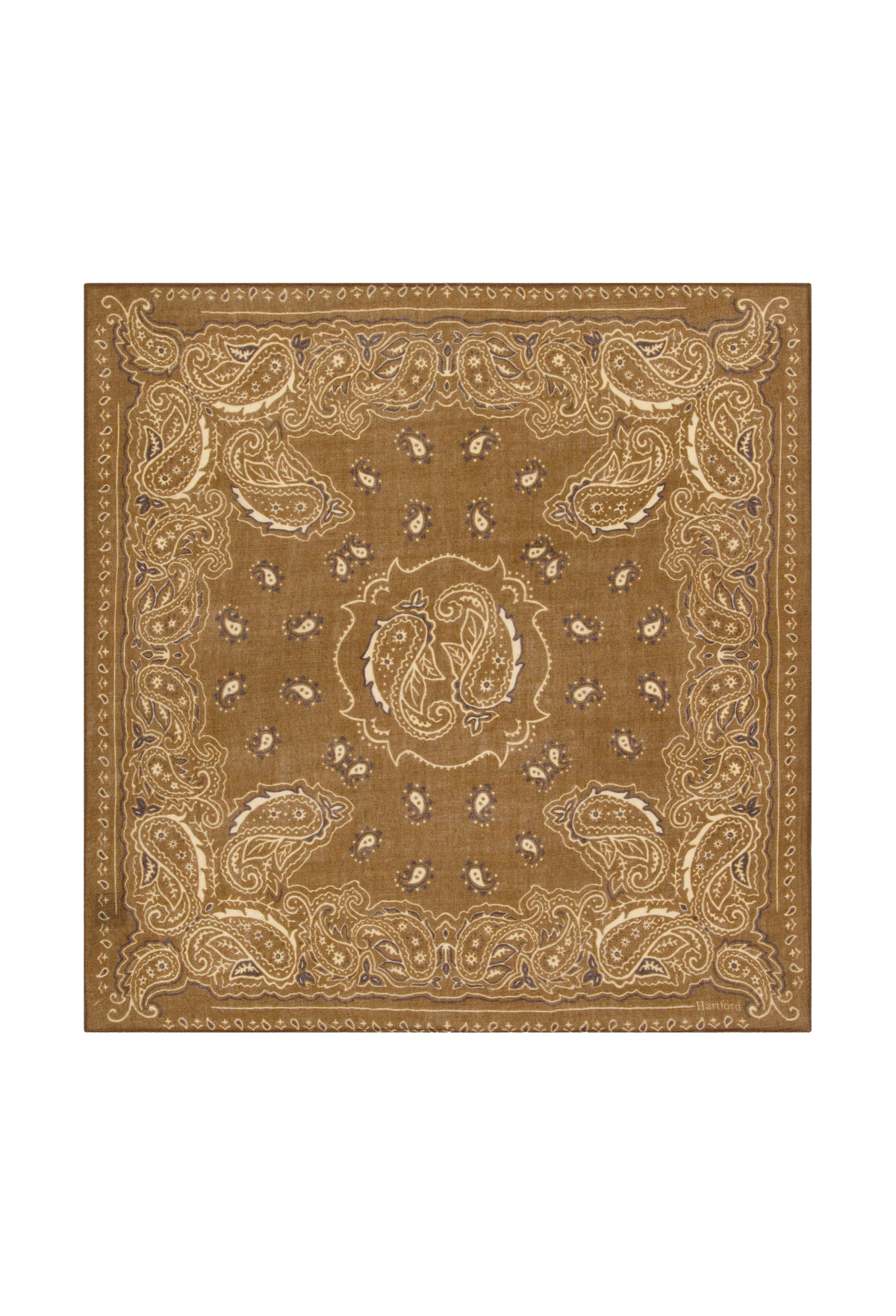 A square bandana featuring an intricate paisley pattern in shades of brown, tan, and beige, displayed flat against a solid white background.