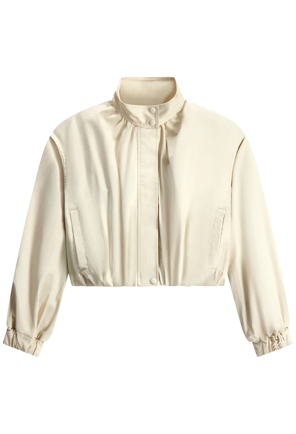 A cropped off white jacket with a gathered high collar, front button closure, and elasticized cuffs, shown on a plain white background.