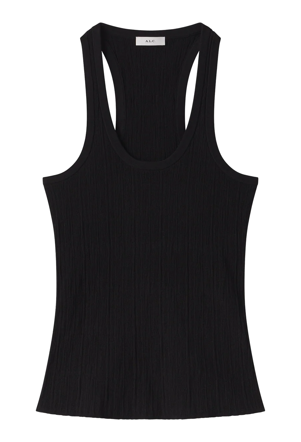 A black ribbed tank top with a racerback and double-strap back design, shown flat against a solid white background.