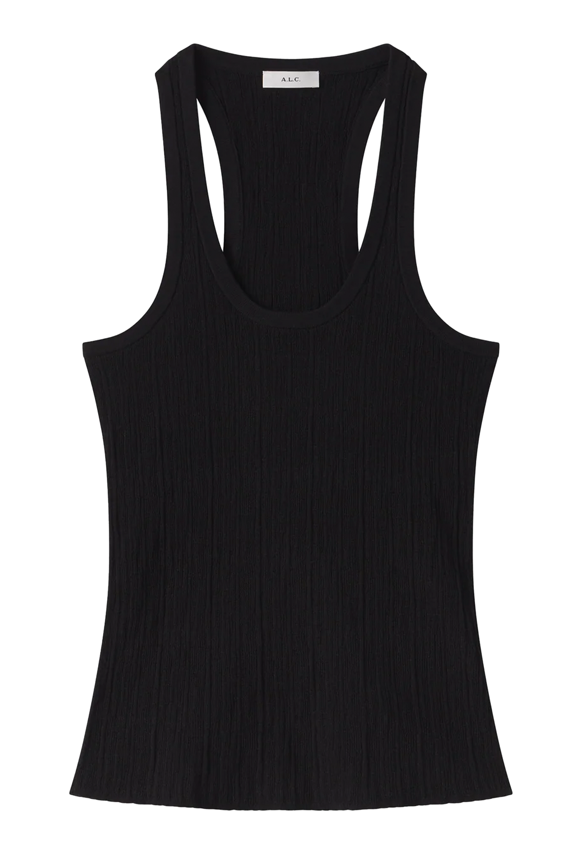 A black ribbed tank top with a racerback and double-strap back design, shown flat against a solid white background.