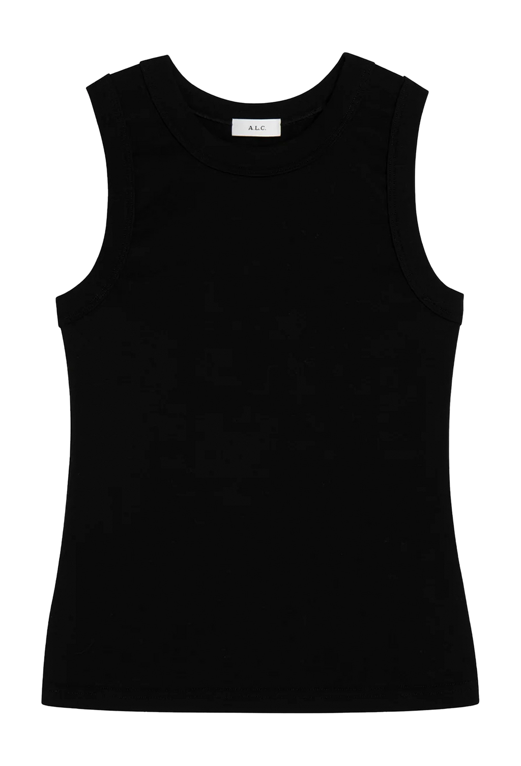 A black sleeveless ribbed tank top with a crew neck, displayed flat against a solid white background.