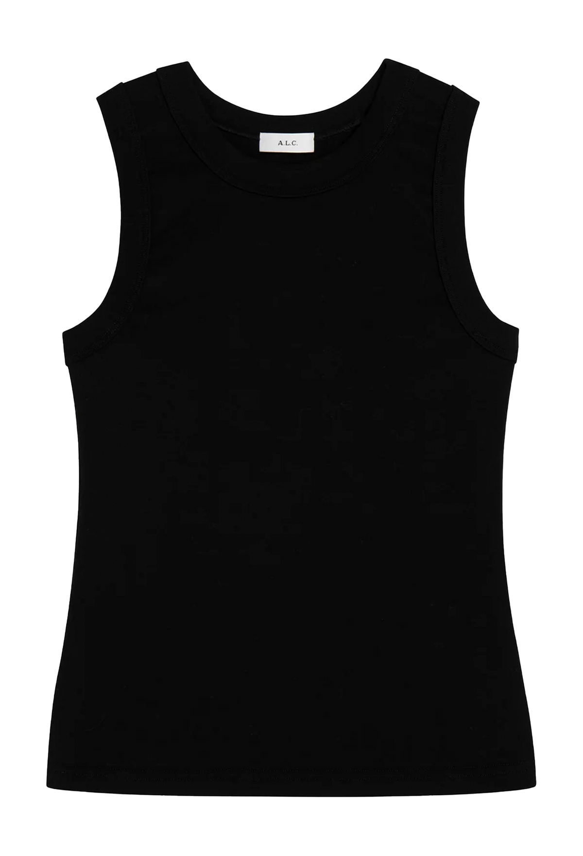 A black sleeveless ribbed tank top with a crew neck, displayed flat against a solid white background.