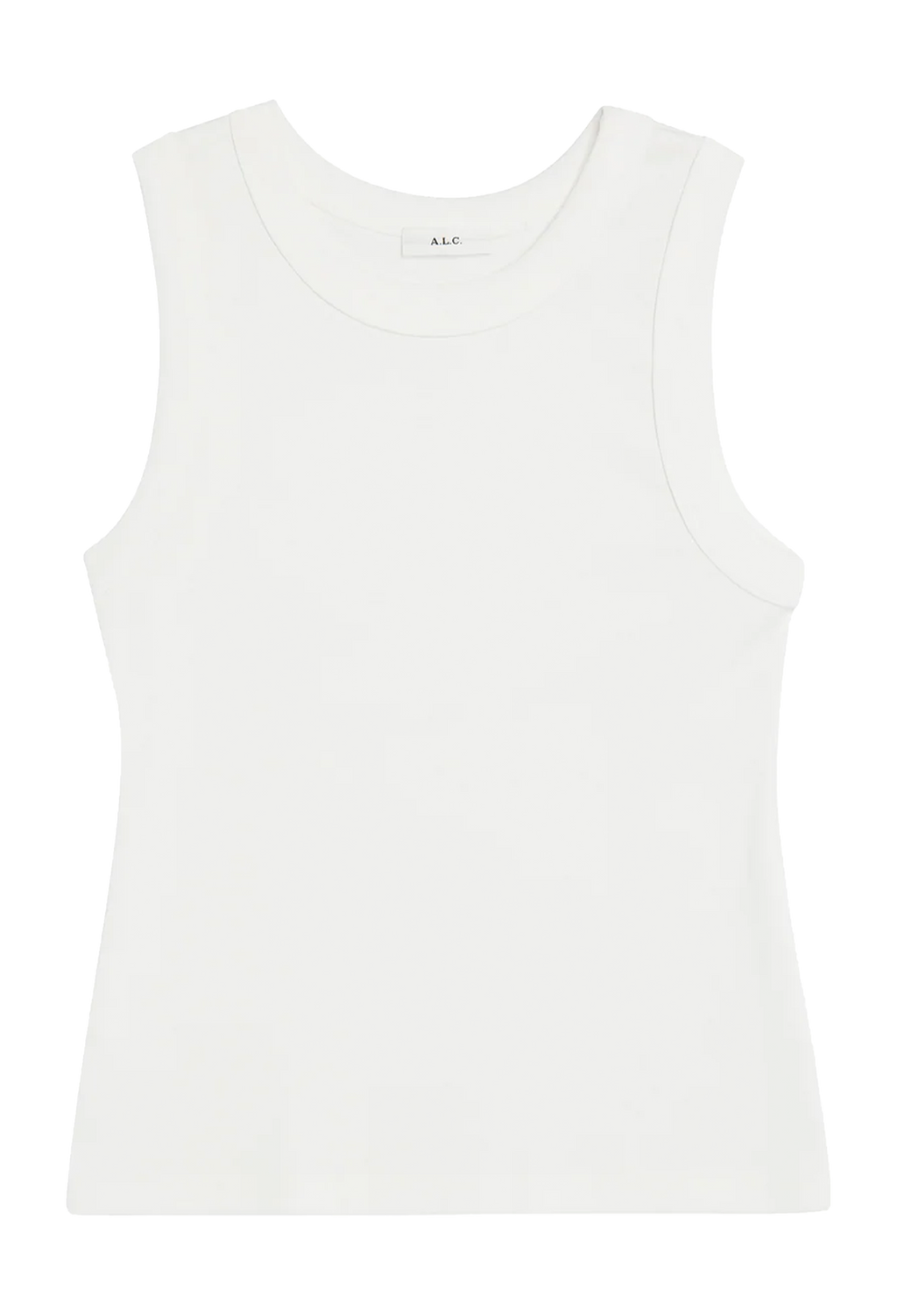 A sleeveless white ribbed tank top with a crew neck, shown flat against a white background.