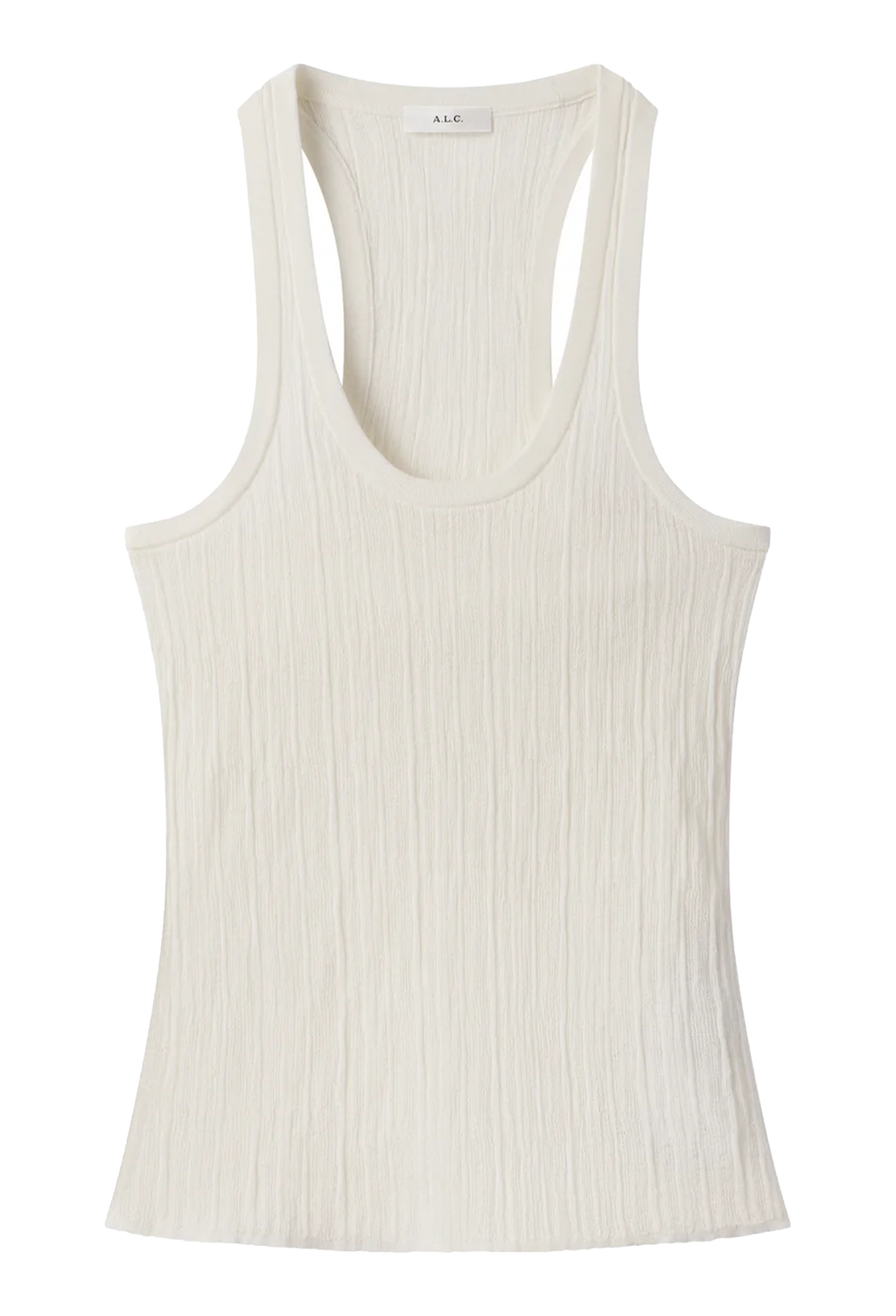 An off-white ribbed crinkle-textured tank top with a wide scoop neckline and racerback design, shown flat on a white background. 
