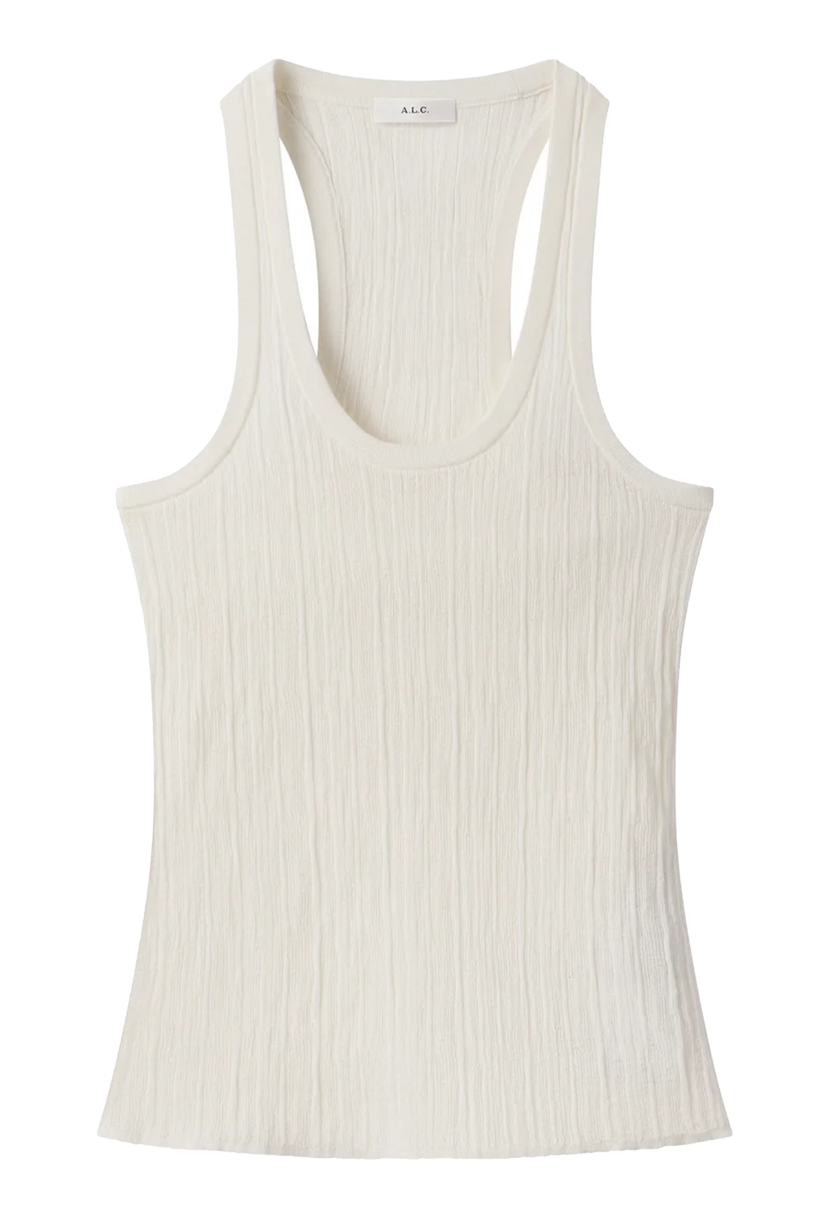 An off-white ribbed crinkle-textured tank top with a wide scoop neckline and racerback design, shown flat on a white background. 