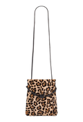 A leopard print shoulder bag with a long black strap and a black leather tie detail at the front, shown against a plain white background.