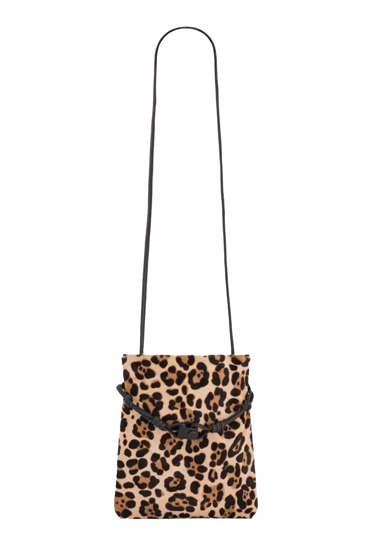 A leopard print shoulder bag with a long black strap and a black leather tie detail at the front, shown against a plain white background.