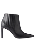 A black leather ankle boot with a pointed toe, slim high heel, and vertical pleated elastic side panel, shown in profile against a plain white background.