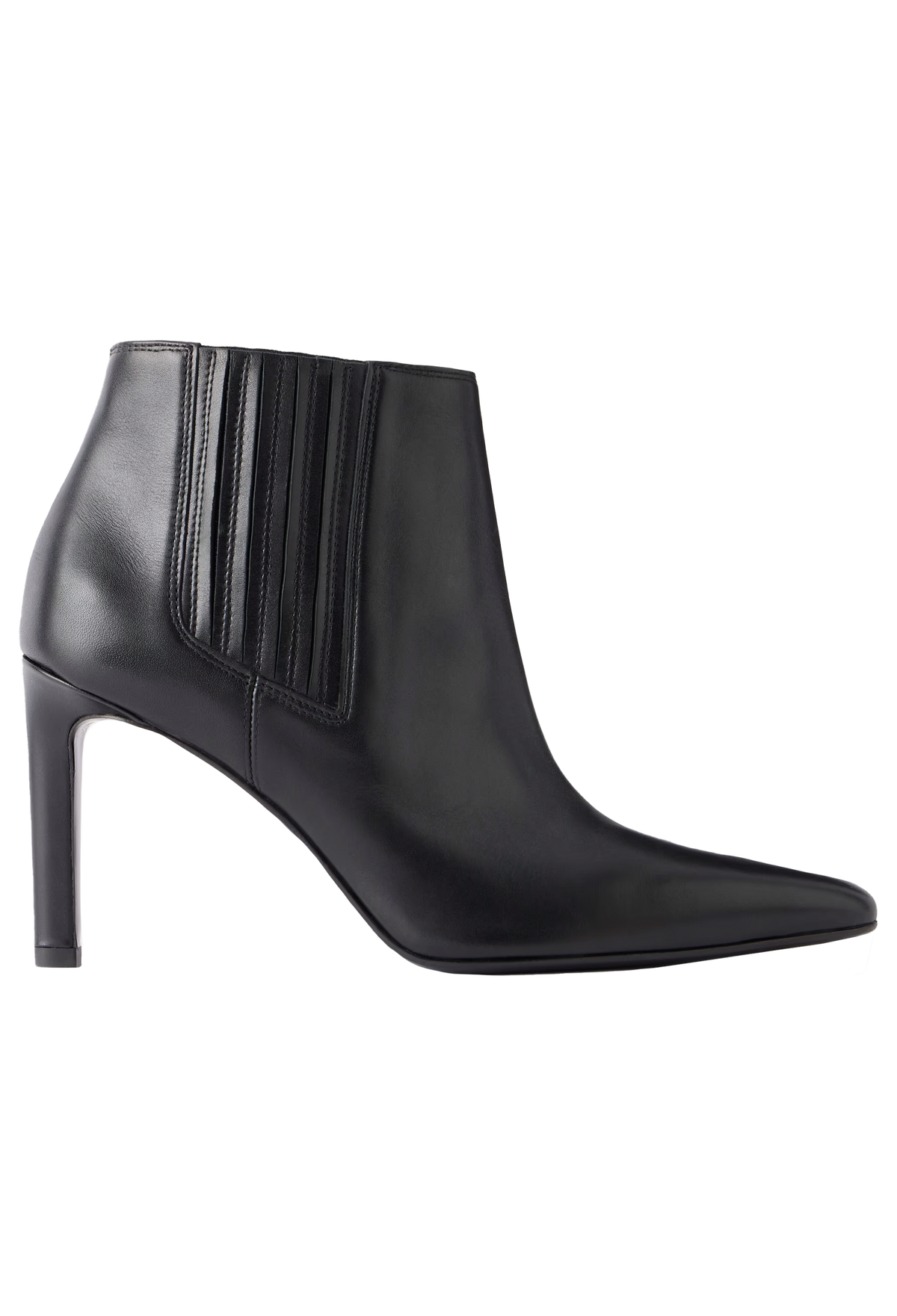 A black leather ankle boot with a pointed toe, slim high heel, and vertical pleated elastic side panel, shown in profile against a plain white background.