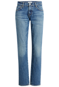 A pair of medium-wash blue denim jeans with a straight-leg fit, shown against a plain white background.