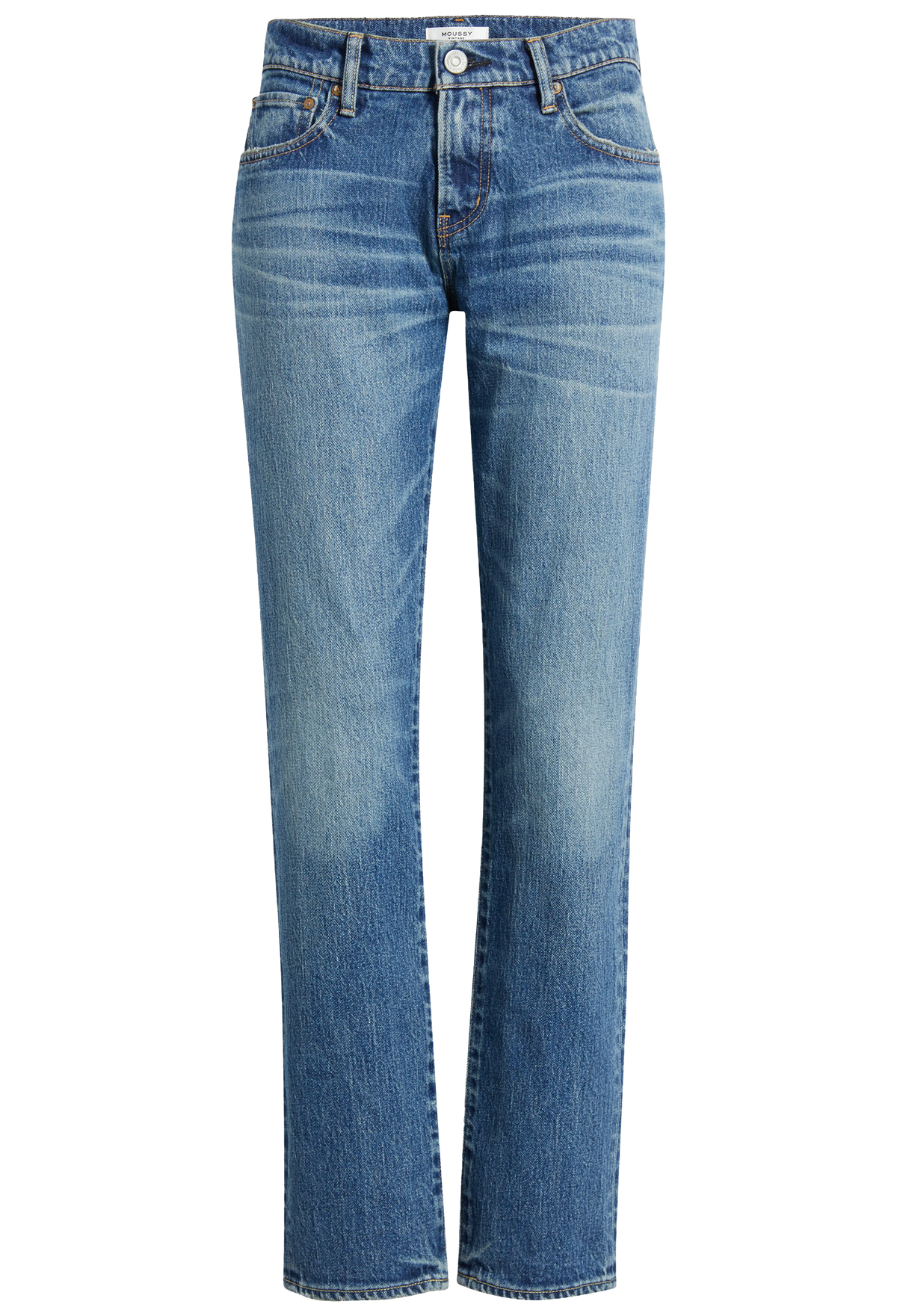 A pair of medium-wash blue denim jeans with a straight-leg fit, shown against a plain white background.