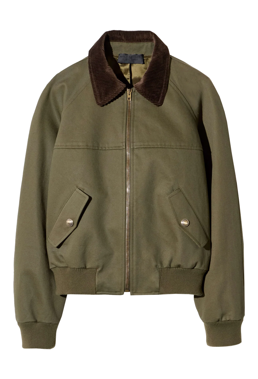 An olive green bomber jacket with a dark brown corduroy collar, featuring a front zipper, two buttoned flap pockets, and ribbed cuffs and hem.