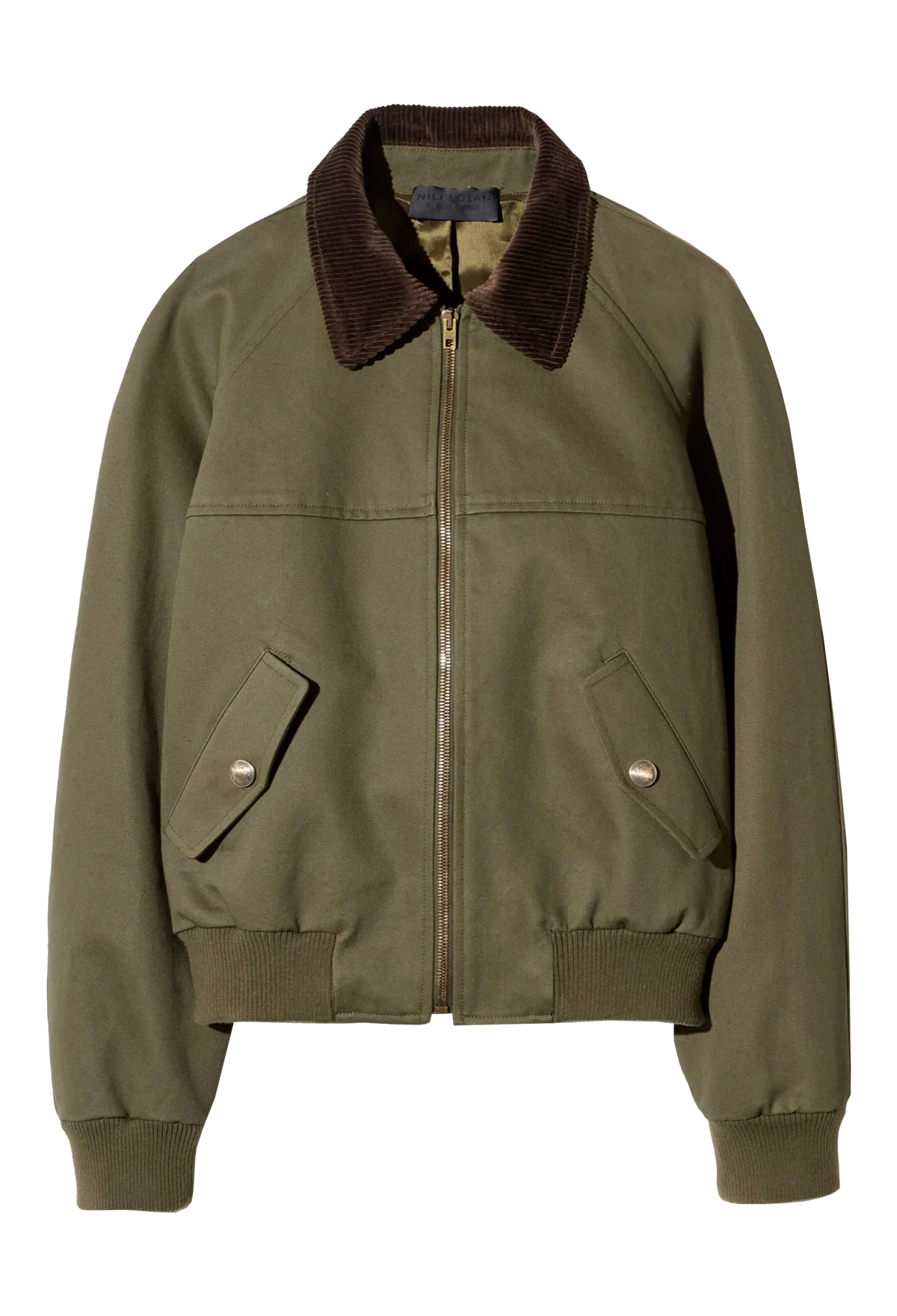 An olive green bomber jacket with a dark brown corduroy collar, featuring a front zipper, two buttoned flap pockets, and ribbed cuffs and hem.