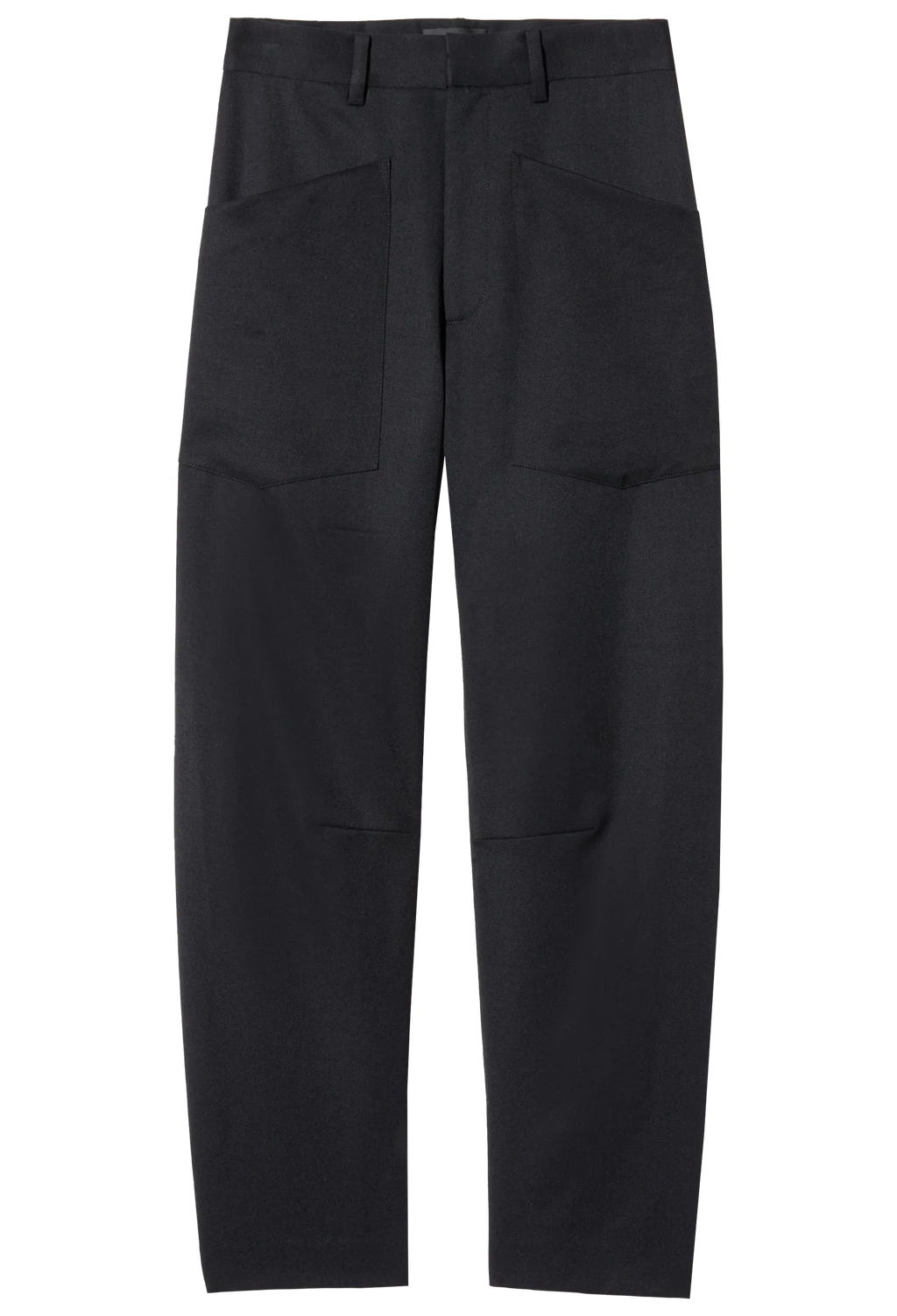Black wide-leg trousers with large front patch pockets, shown flat against a plain white background.