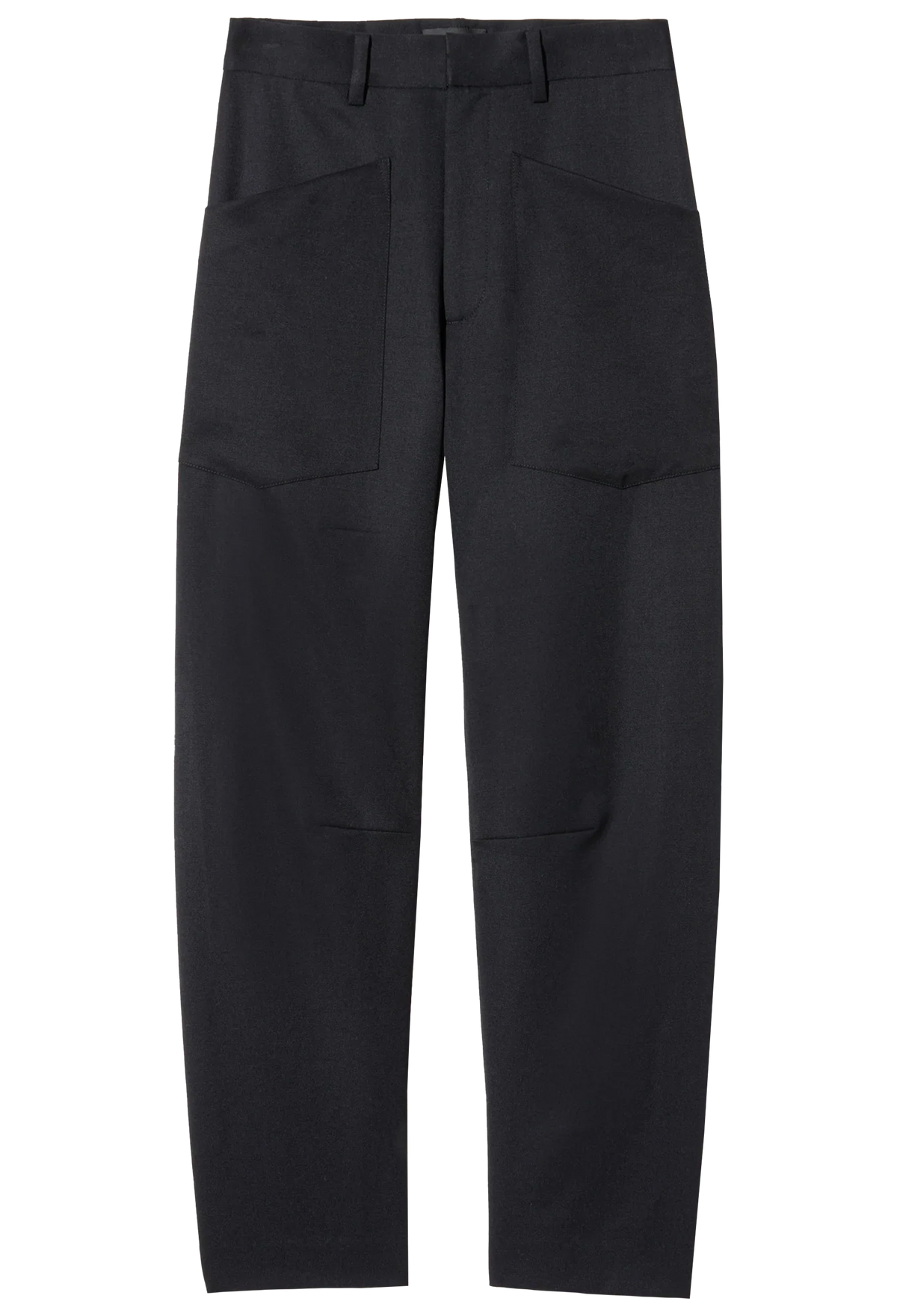 Black wide-leg trousers with large front patch pockets, shown flat against a plain white background.