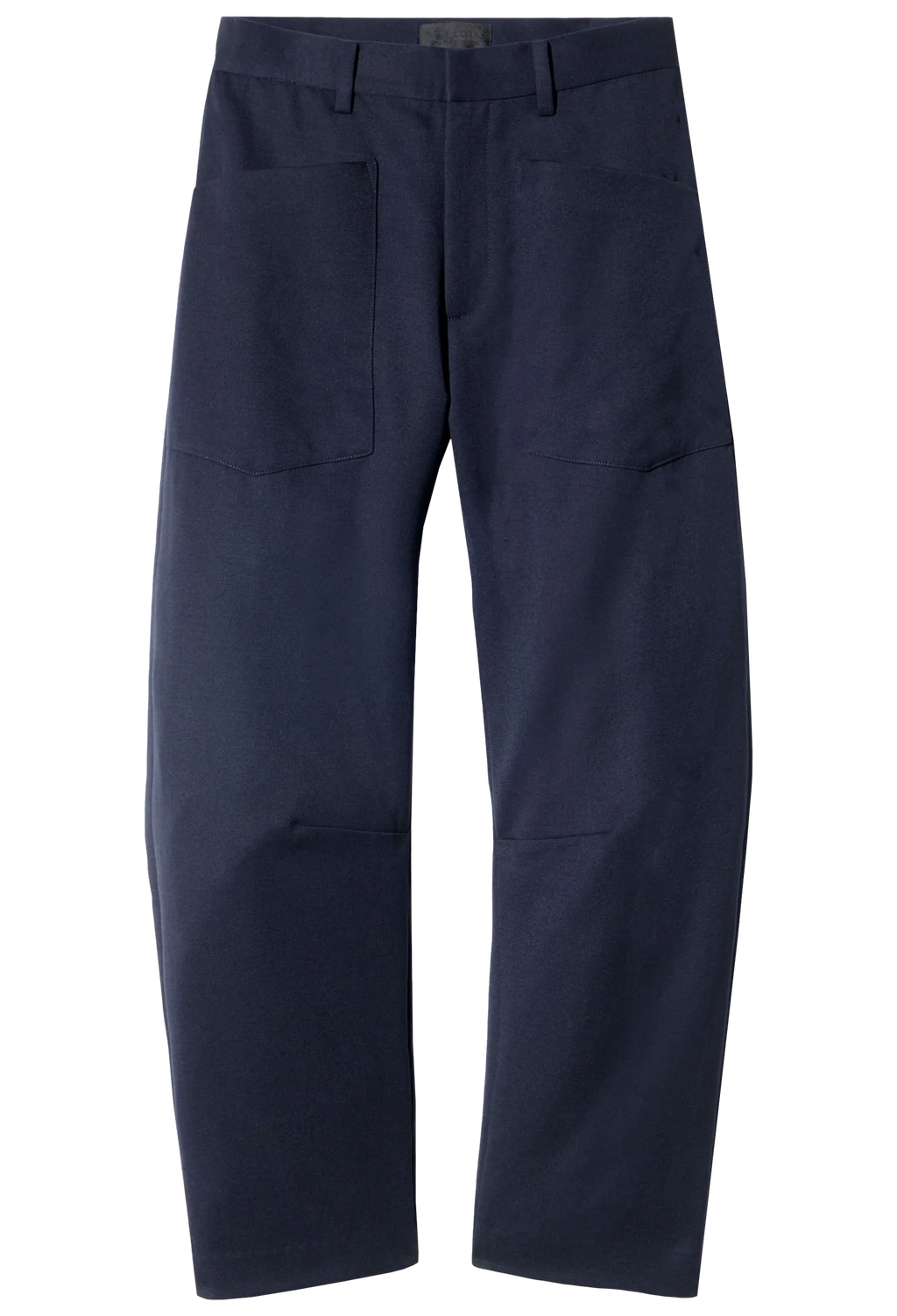 A pair of dark navy blue work pants with a straight-leg fit, featuring large front patch pockets and reinforced knee patches, shown against a plain white background.