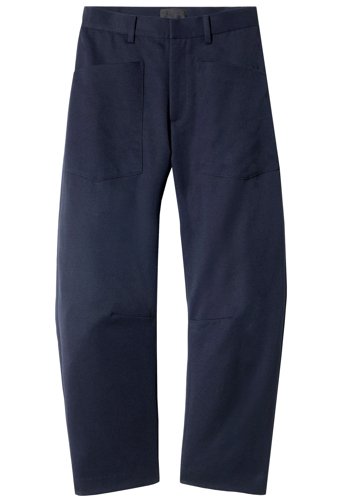 A pair of dark navy blue work pants with a straight-leg fit, featuring large front patch pockets and reinforced knee patches, shown against a plain white background.