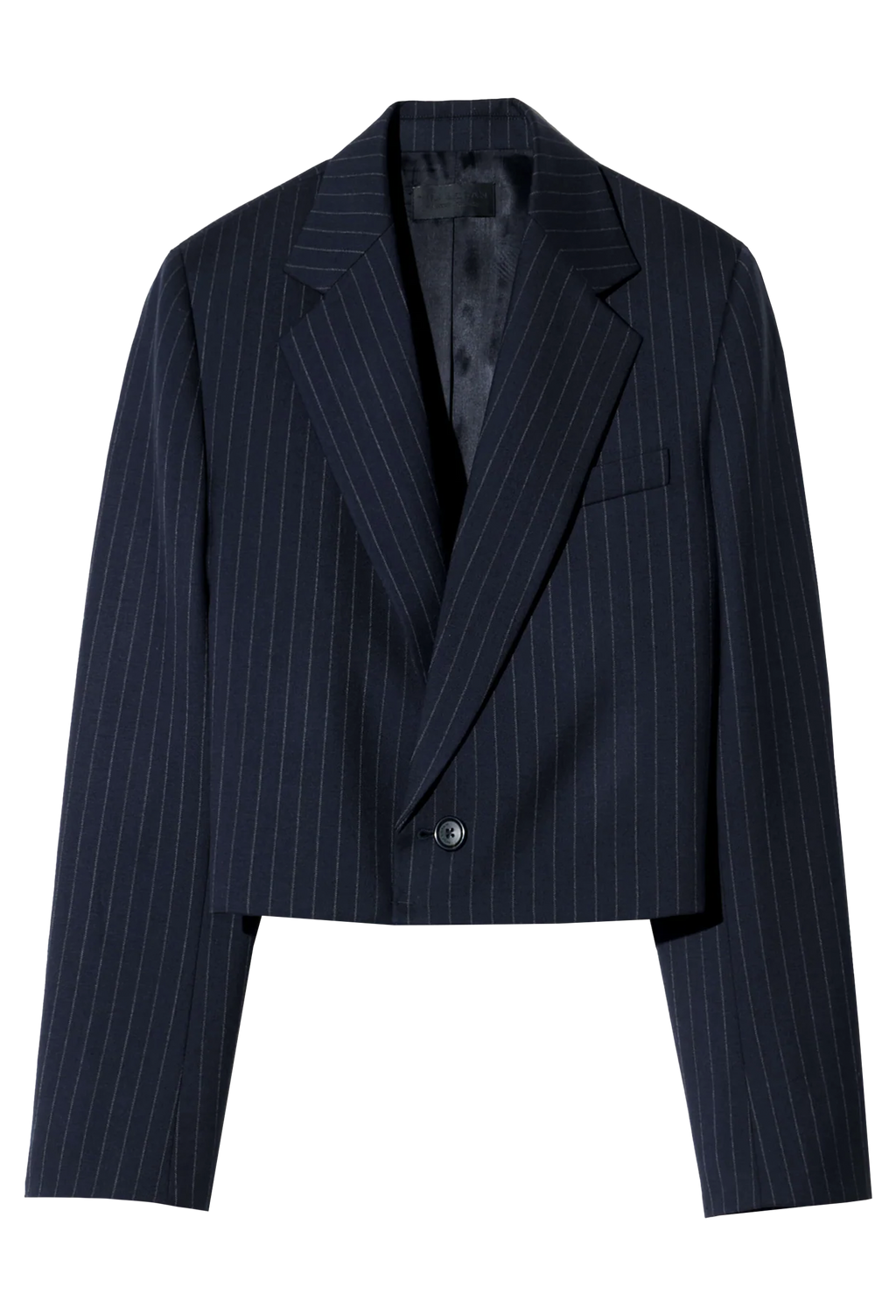 A cropped navy blue pinstripe blazer with a single button closure, displayed on a clean white background.