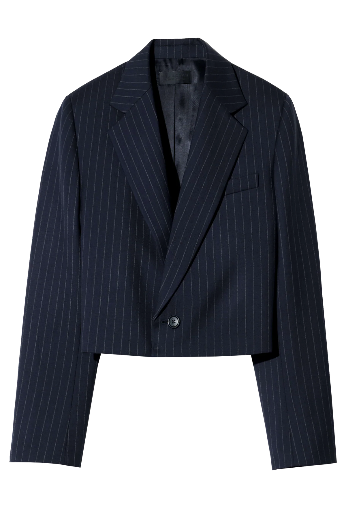 A cropped navy blue pinstripe blazer with a single button closure, displayed on a clean white background.