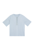 Light blue short sleeved knit top with woven buttoned front detail.