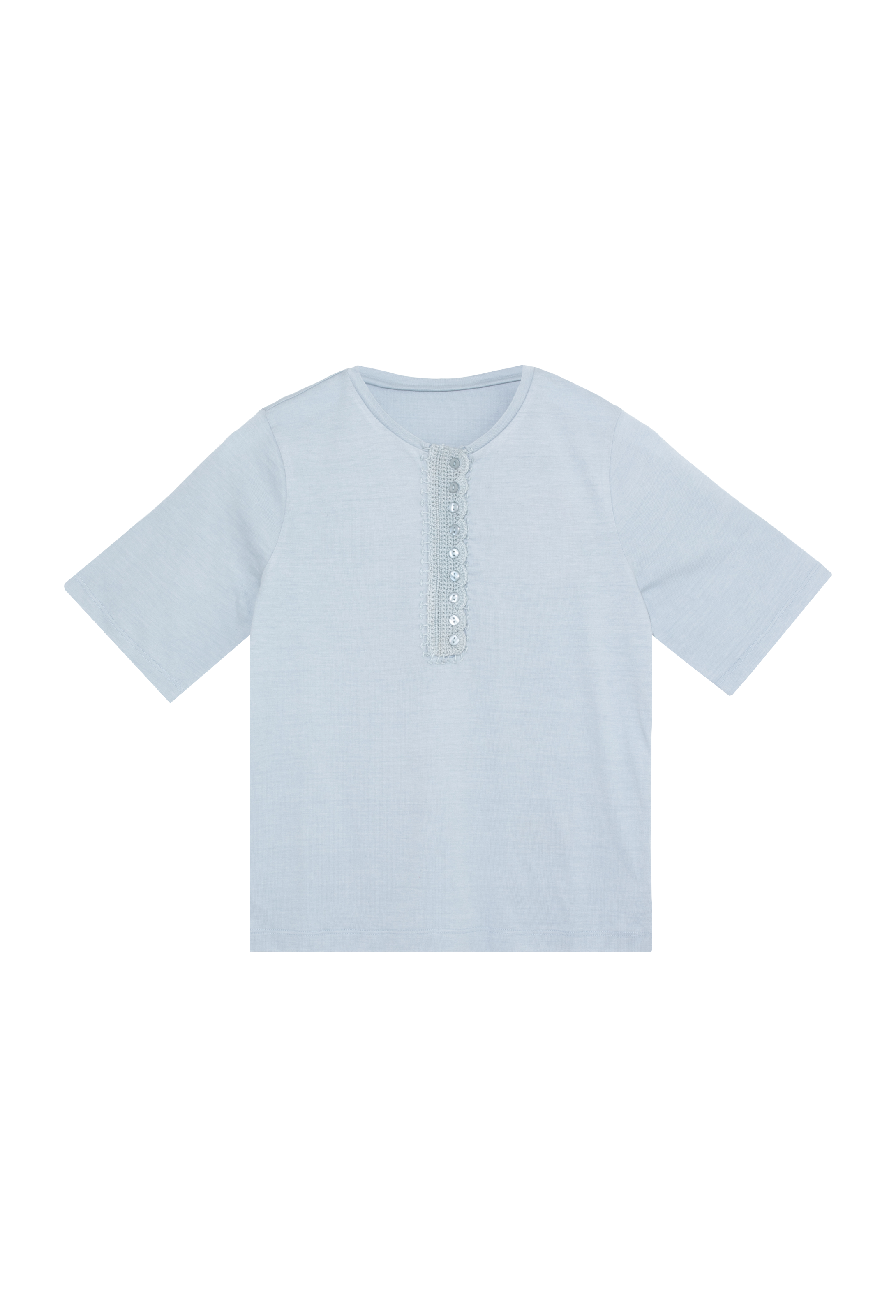Light blue short sleeved knit top with woven buttoned front detail.