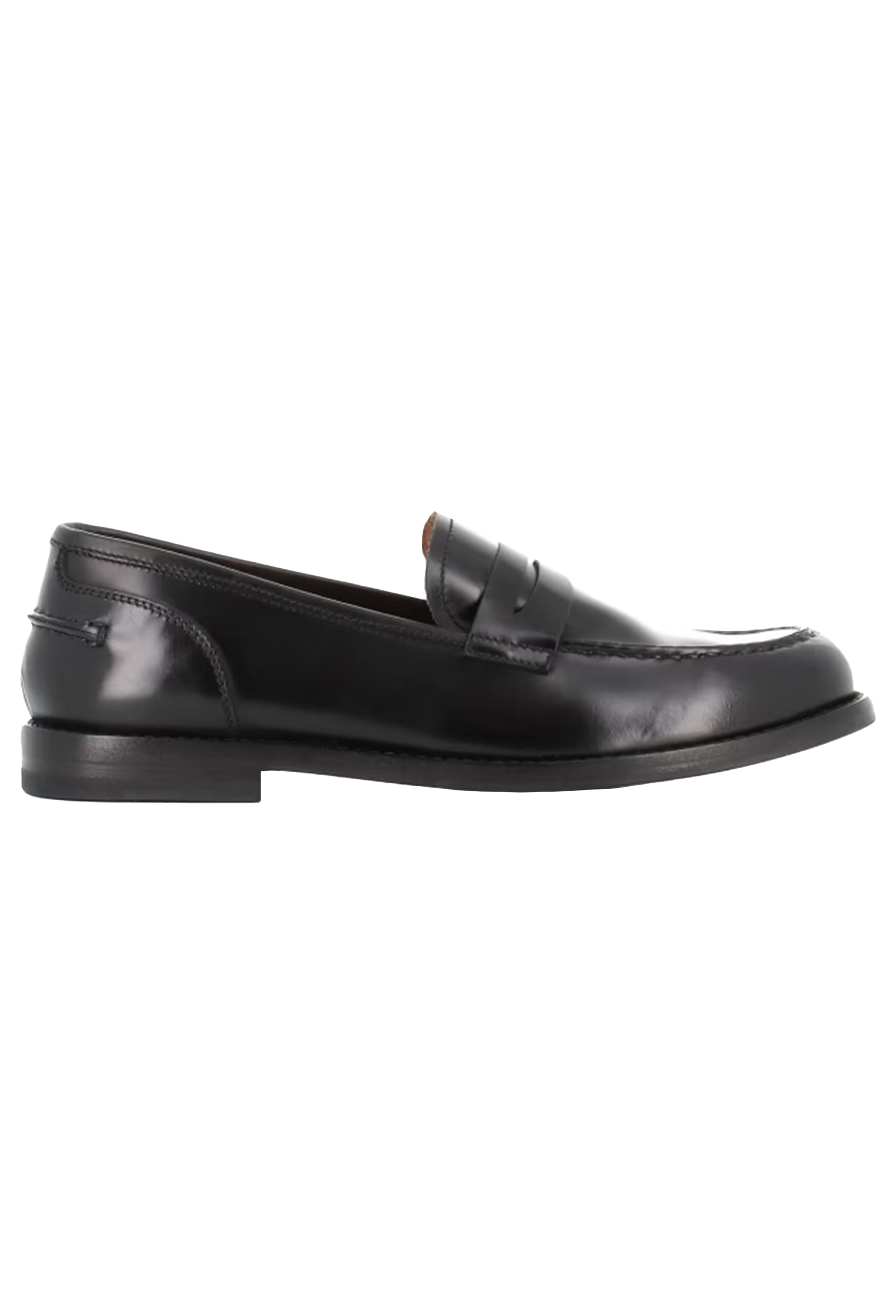Side of a single black calf leather loafer. Set against a checkered background.