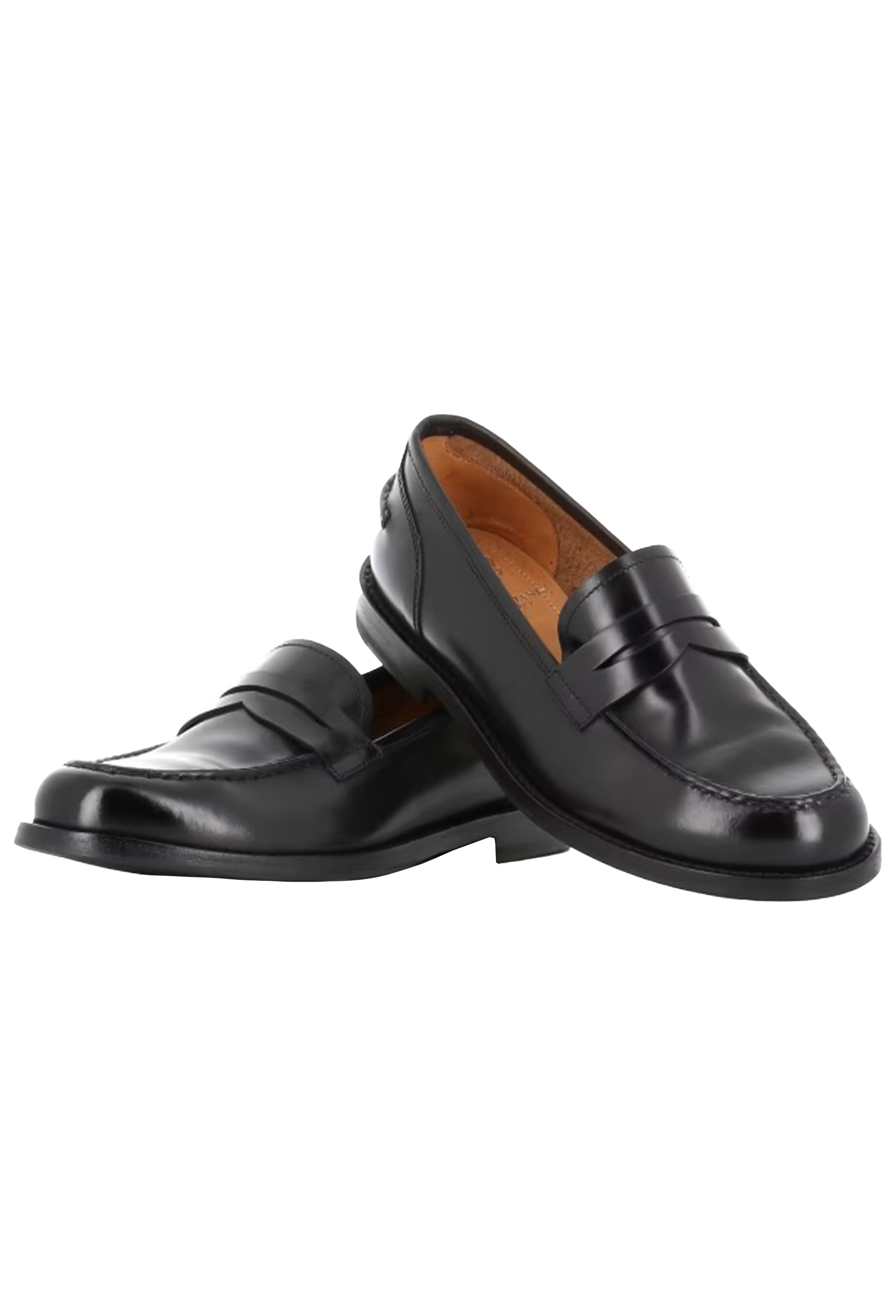 Pair of black calf leather loafers. Set against a checkered background. 