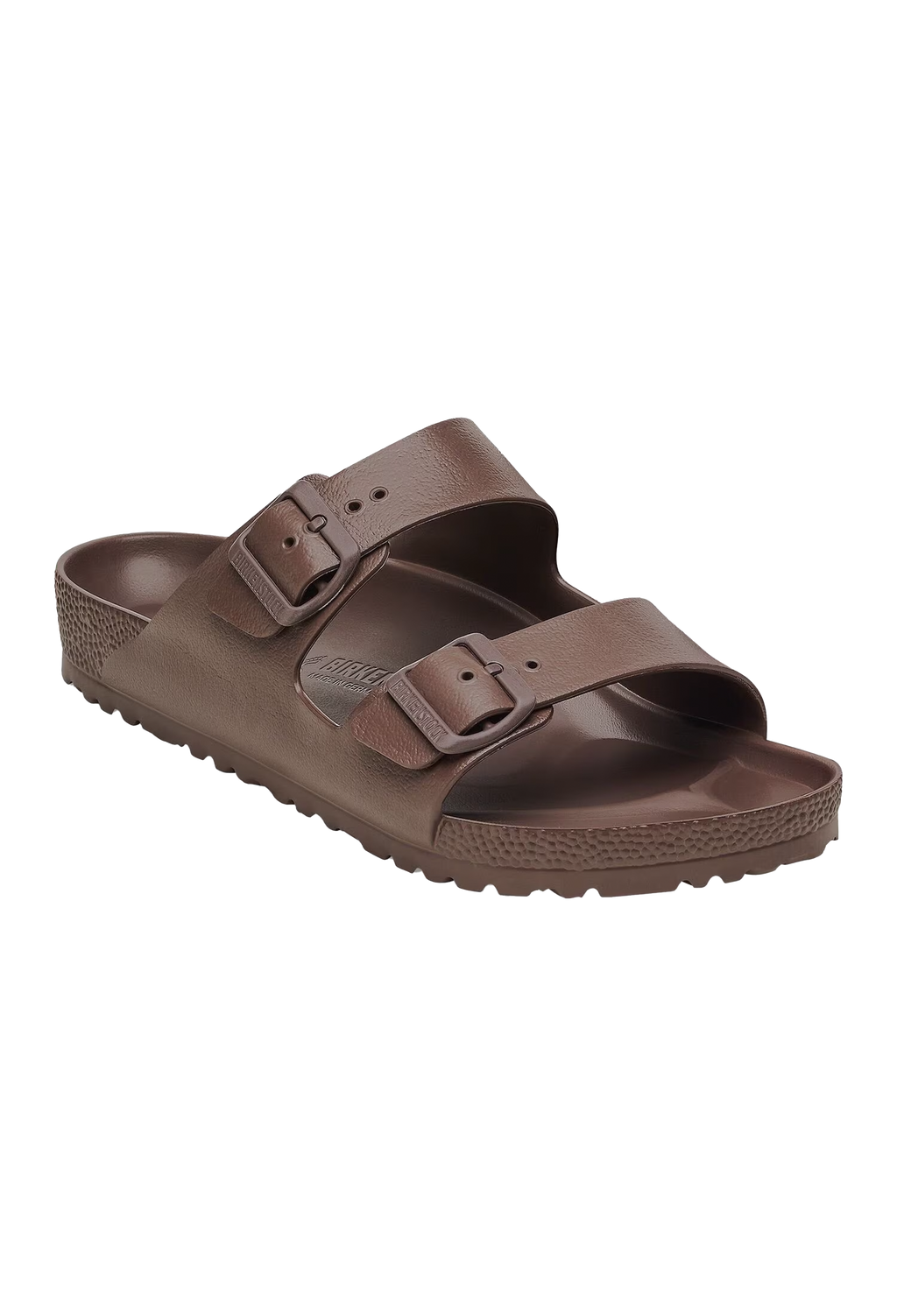 An all-brown two strap buckle sandal. Transparent background
