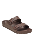 An all-brown two strap buckle sandal. Transparent background