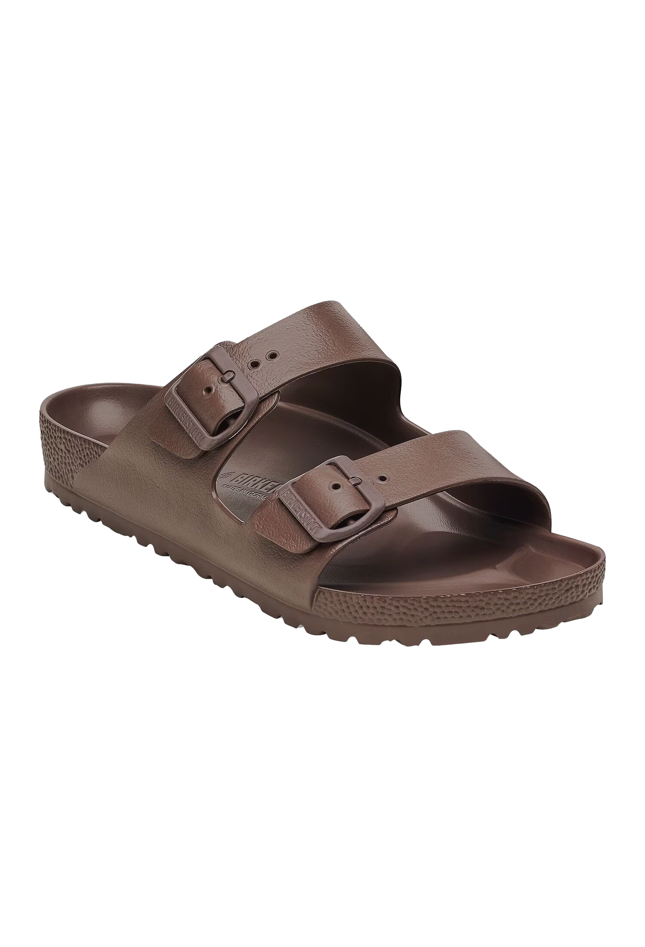 An all-brown two strap buckle sandal. Transparent background