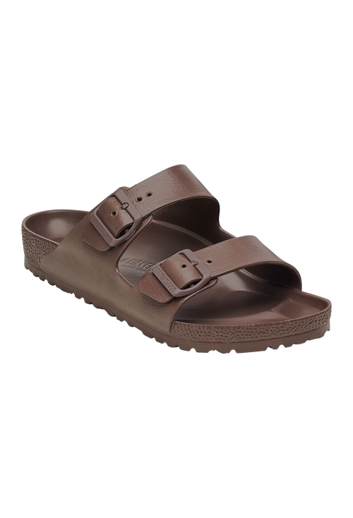 An all-brown two strap buckle sandal. Transparent background