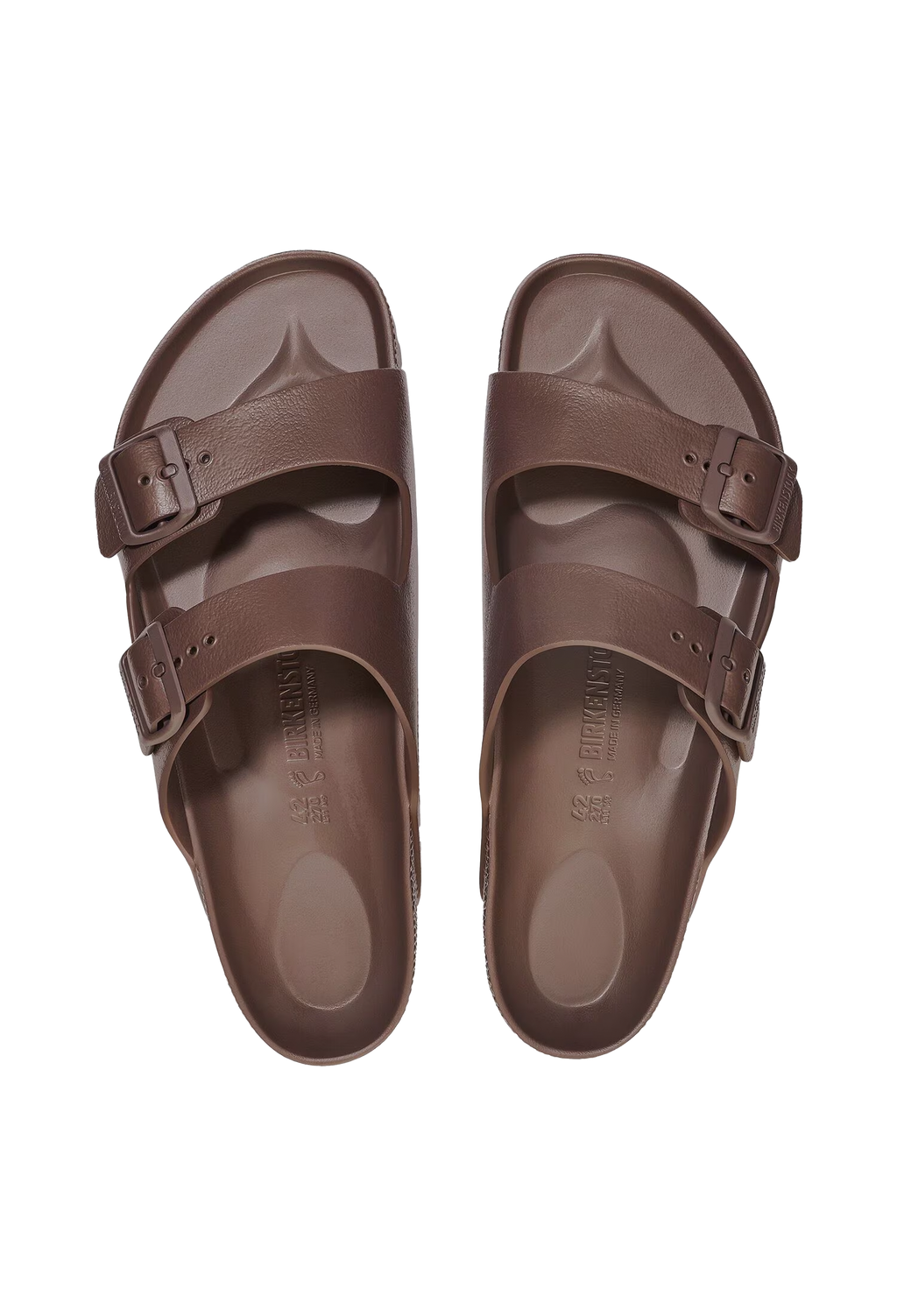 A pair of all-brown two strap buckle sandals. Transparent background