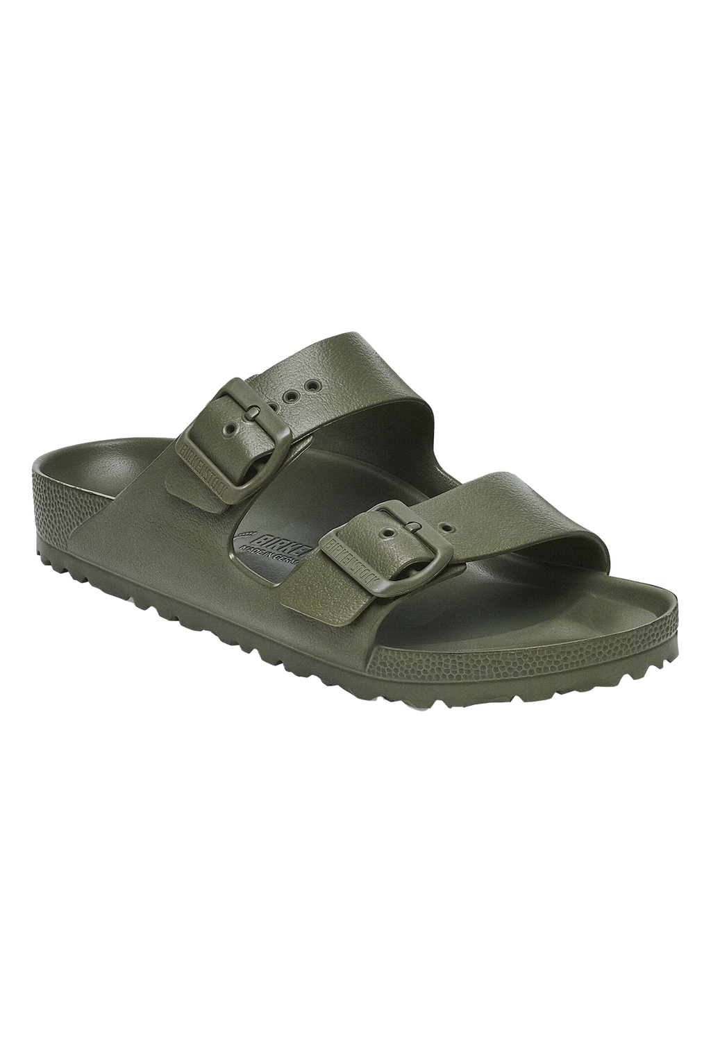 An all-green two strap buckle sandal. Transparent background