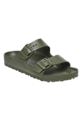 An all-green two strap buckle sandal. Transparent background