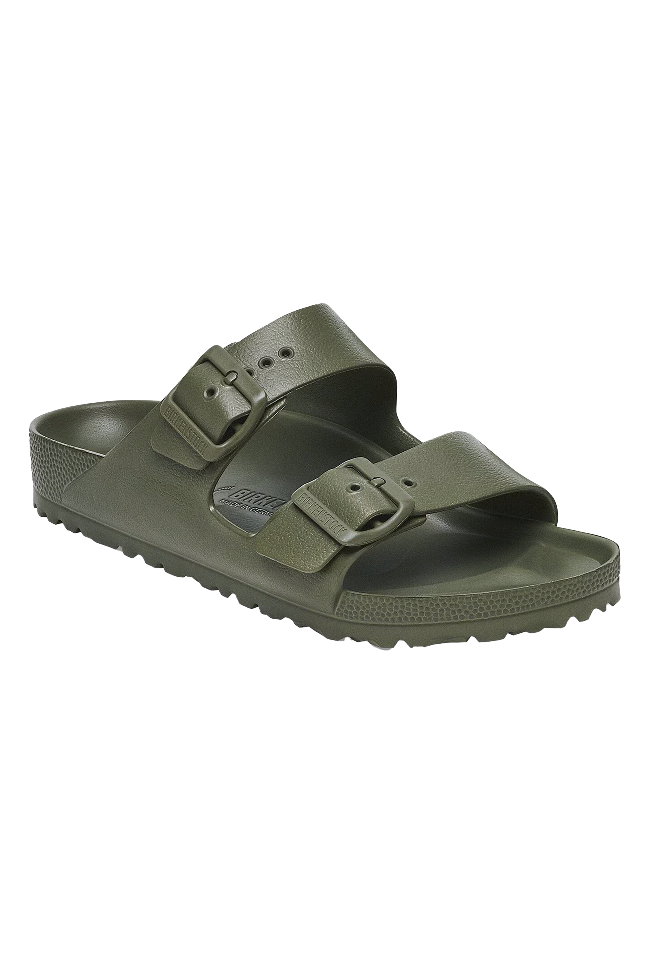 An all-green two strap buckle sandal. Transparent background
