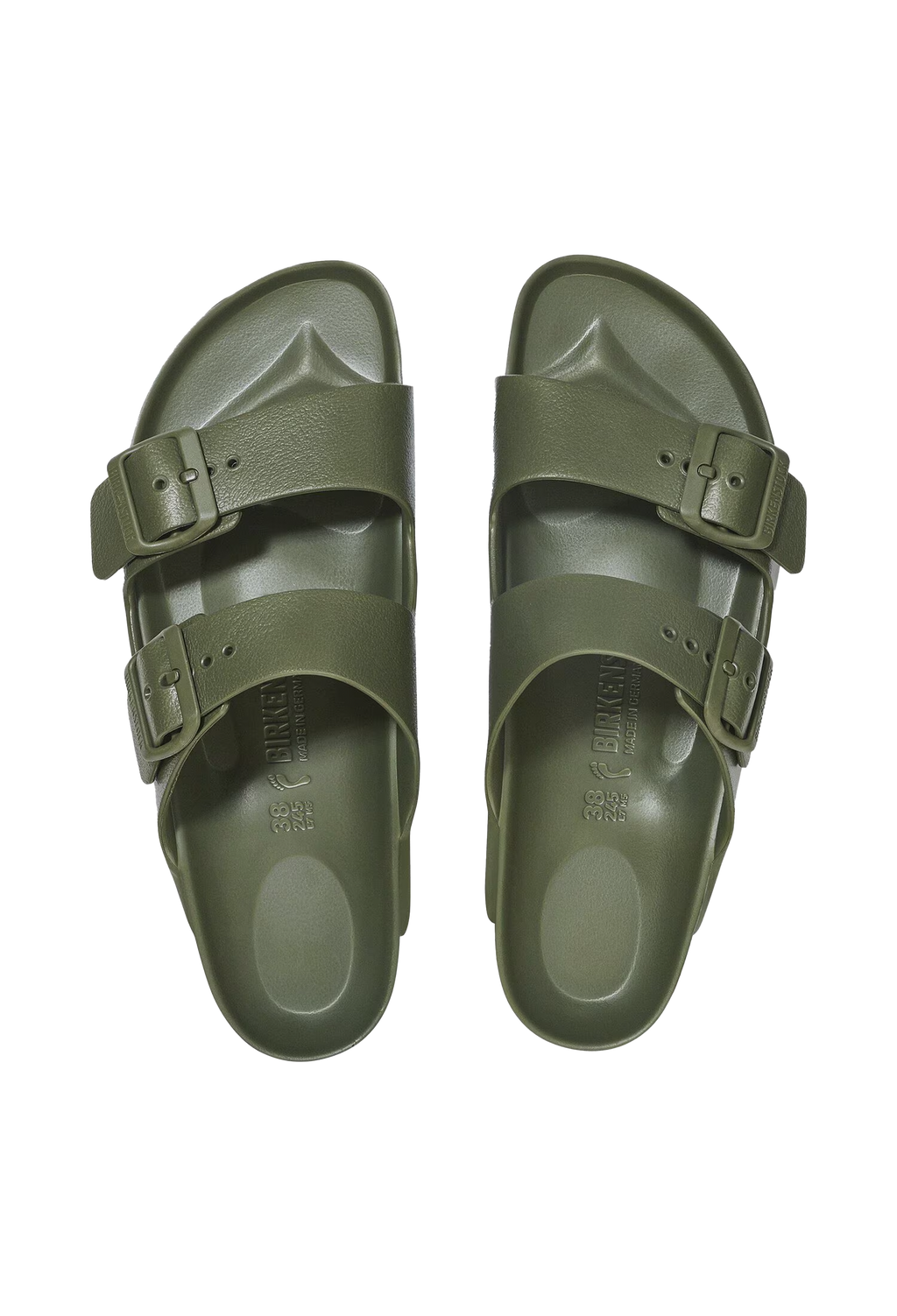 A pair of all-green two strap buckle sandals. Transparent background