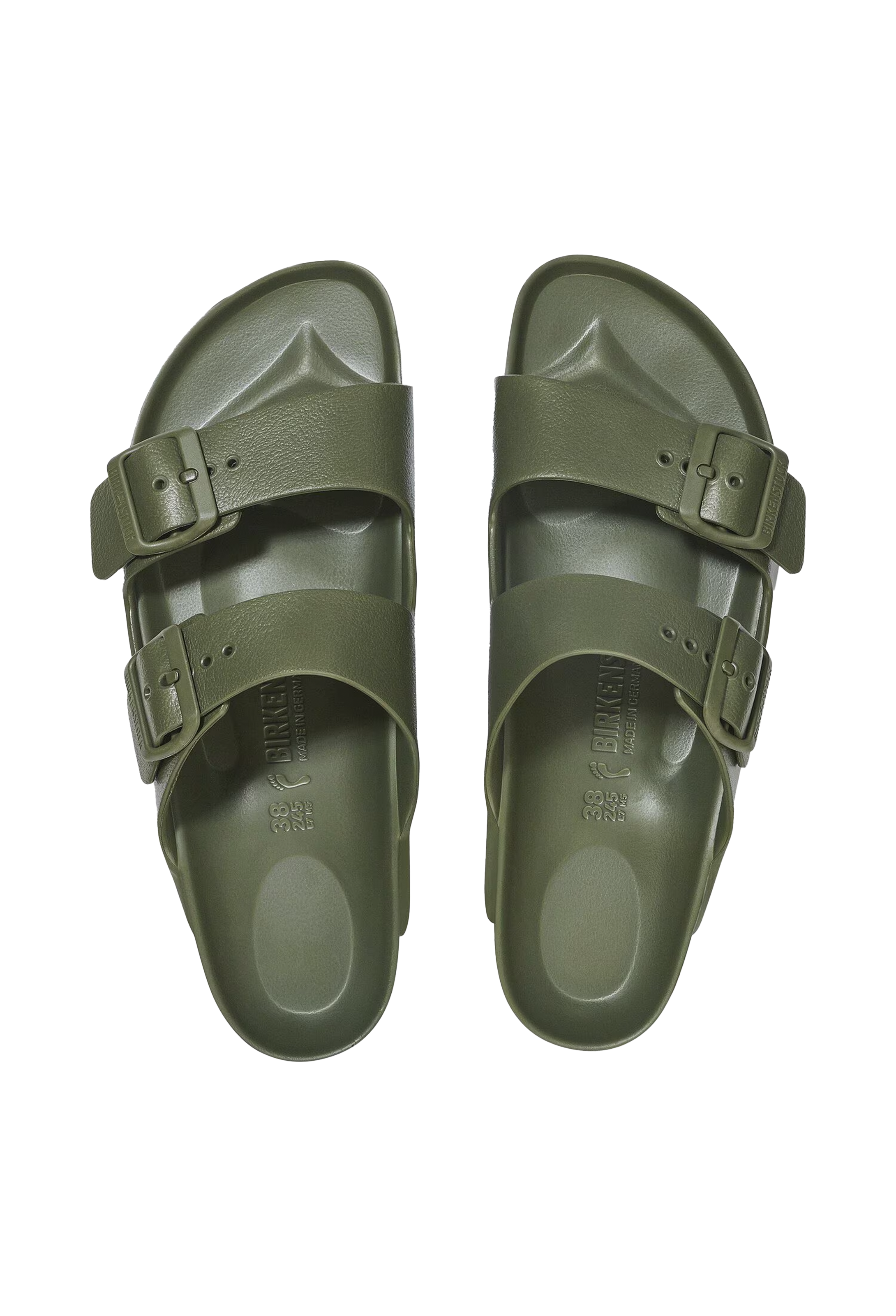 A pair of all-green two strap buckle sandals. Transparent background