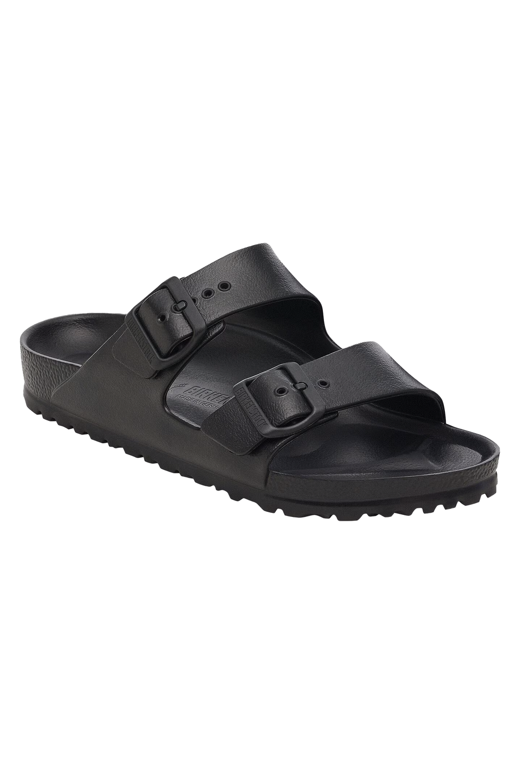 An all-black two strap buckle sandal. Transparent background