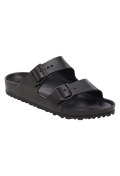 An all-black two strap buckle sandal. Transparent background