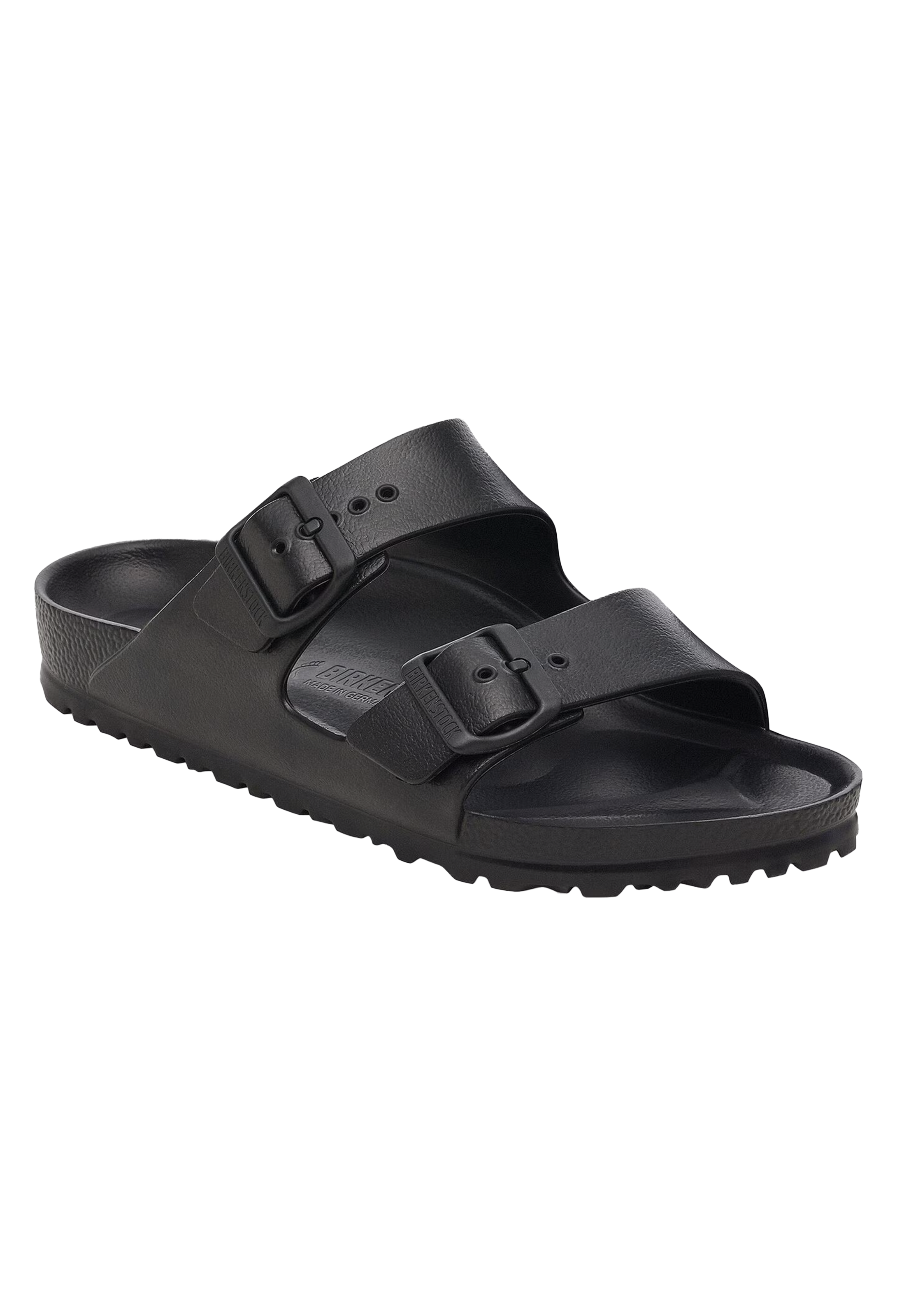 An all-black two strap buckle sandal. Transparent background