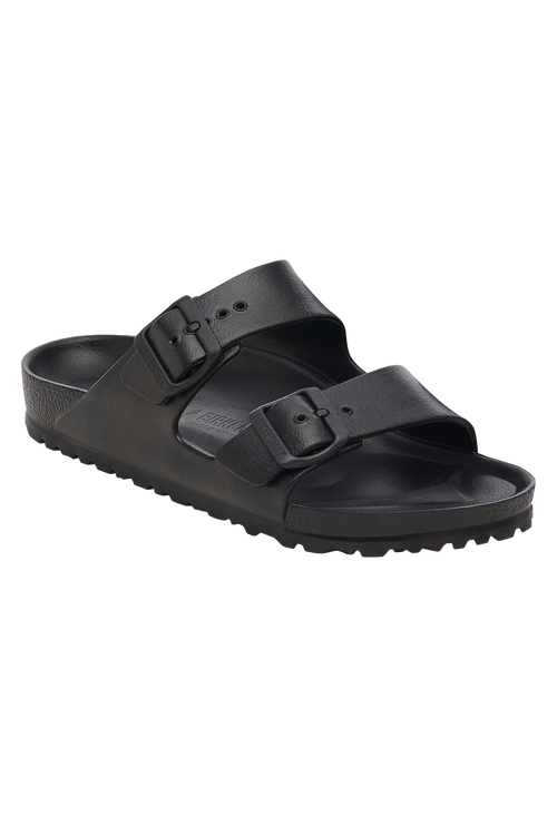 An all-black two strap buckle sandal. Transparent background