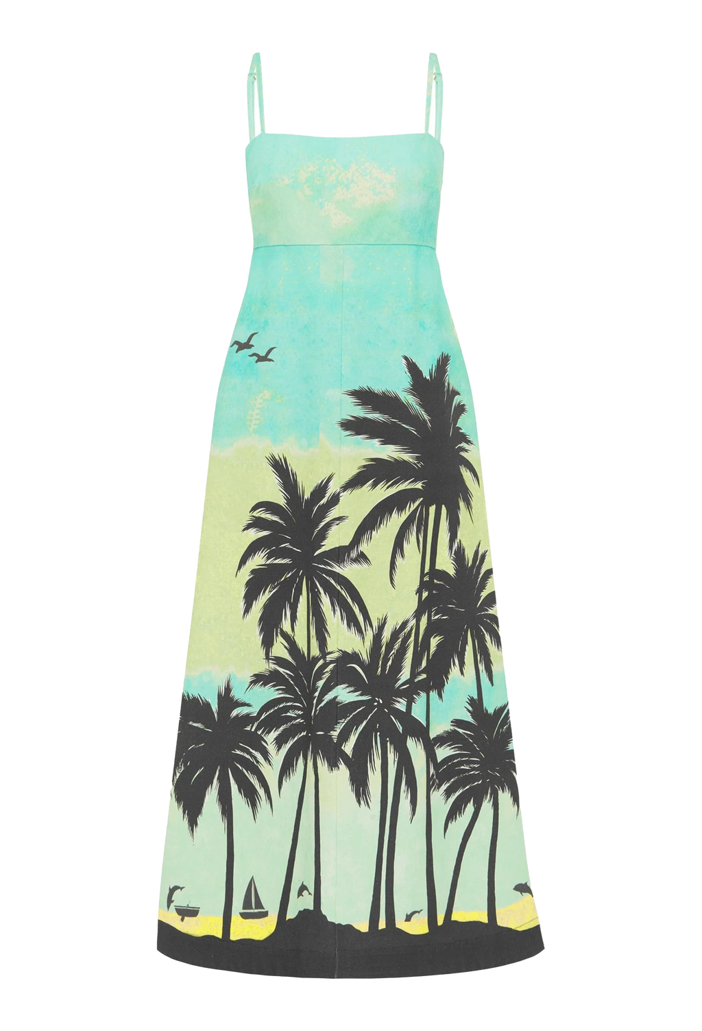 A light blue midi dress with black palm trees and thin straps. Transparent background.