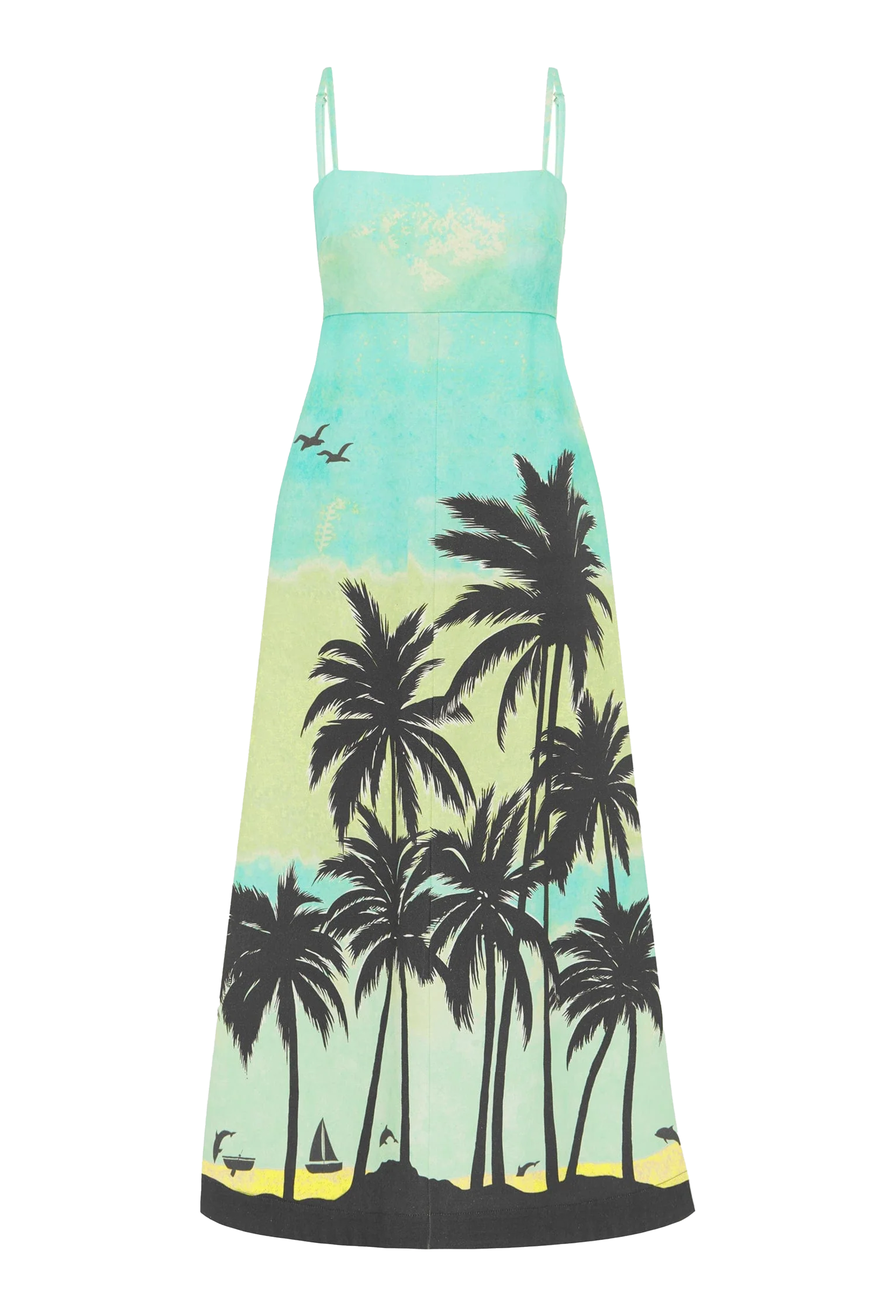 A light blue midi dress with black palm trees and thin straps. Transparent background.