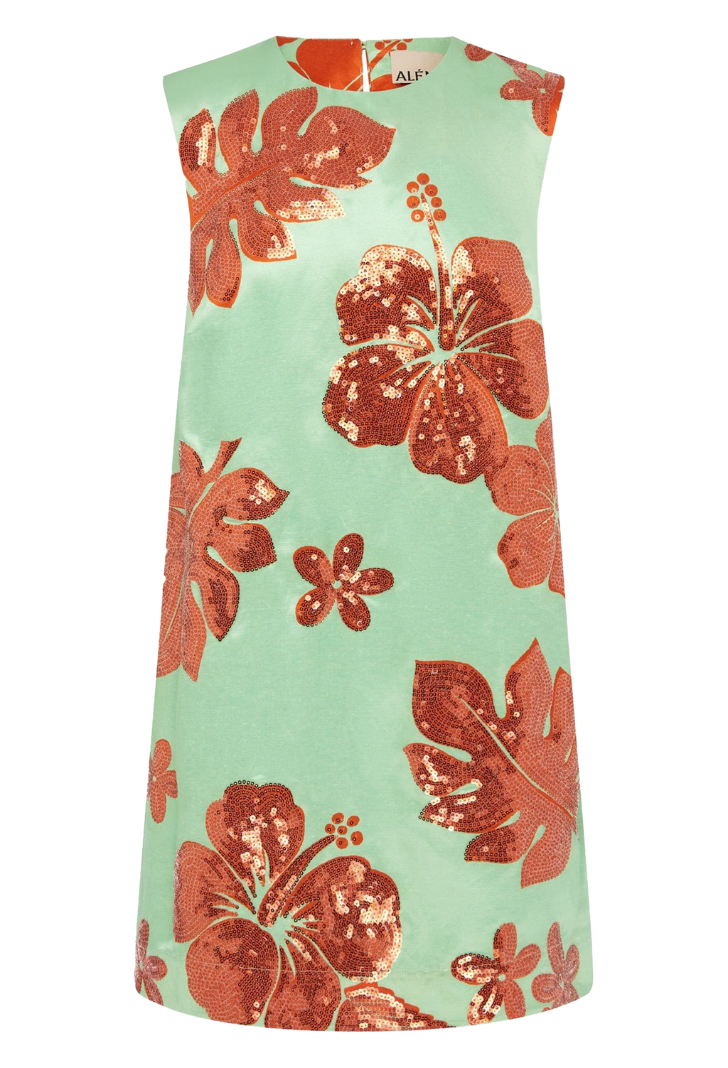 A green mini dress with orange sequined leaves and flowers all over. Transparent background.